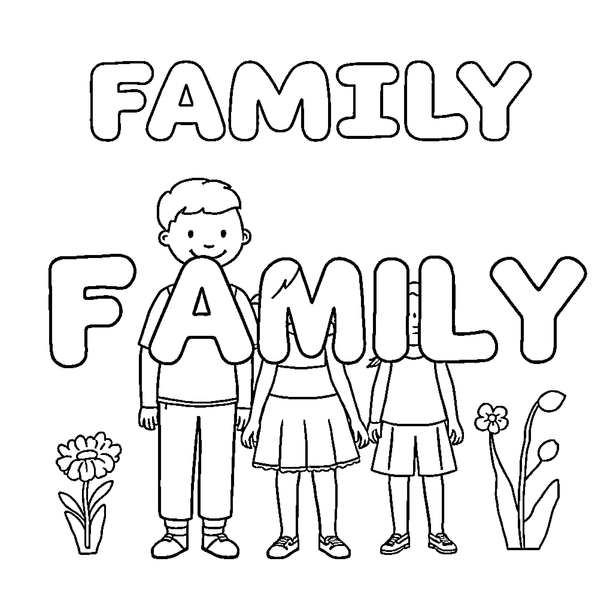 Family members enjoying nature together Coloring Page (free black-and-white line drawing printable PDF for all, from beginners to advanced learners, including children, teens, adults, and seniors)