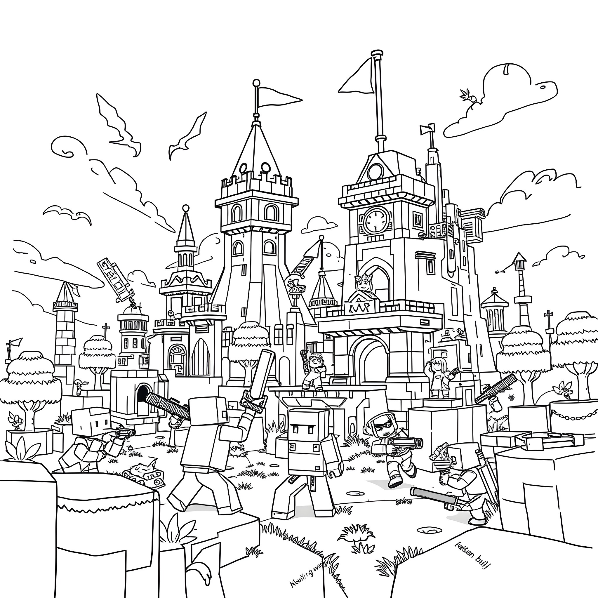 Minecraft fantasy castle and town with characters Coloring Page (free black-and-white line drawing printable PDF for all, from beginners to advanced learners, including children, teens, adults, and seniors)