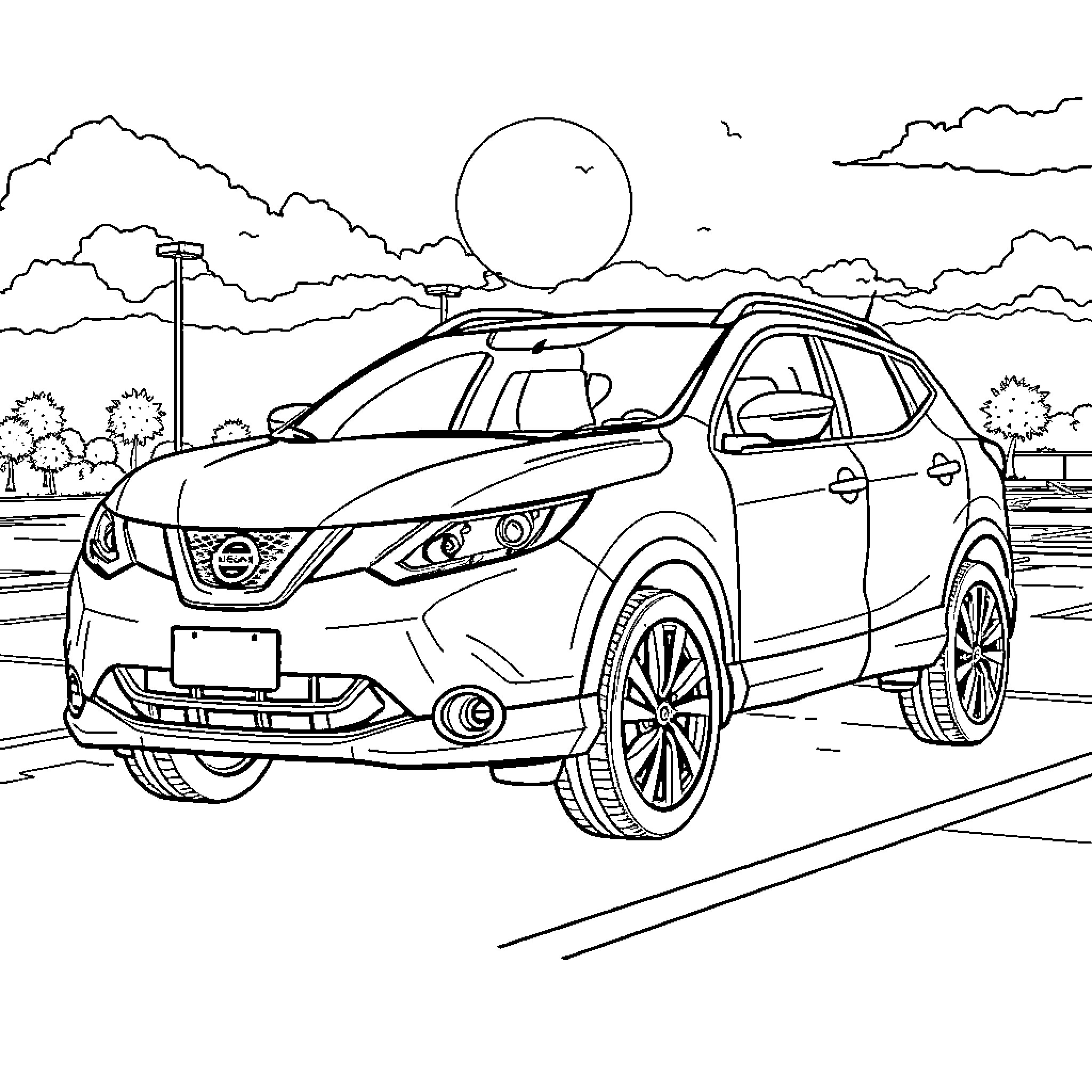 Nissan SUV on a scenic mountain road Coloring Page (free black-and-white line drawing printable PDF for all, from beginners to advanced learners, including children, teens, adults, and seniors)