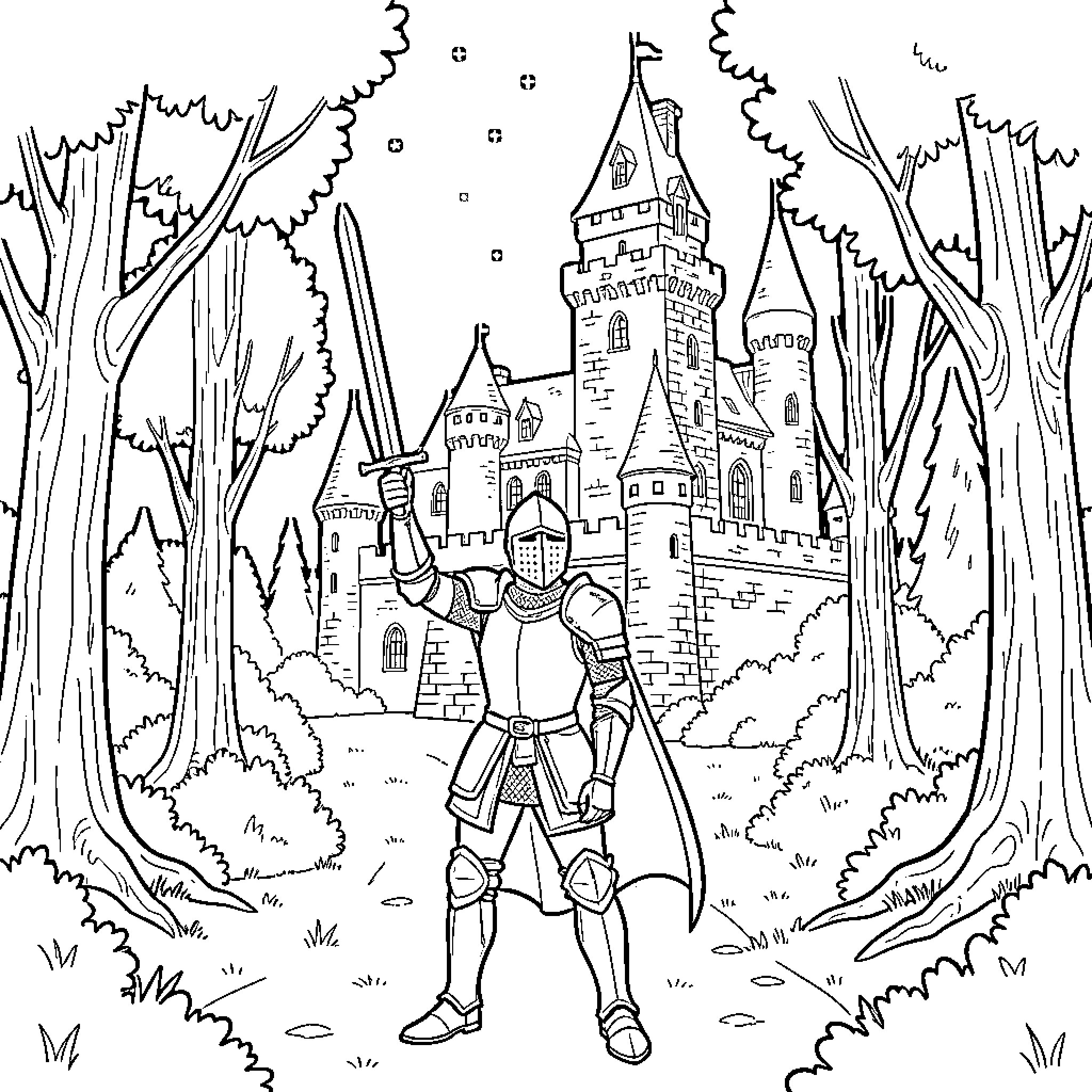Knight standing bravely with sword in front of castle Coloring Page (free black-and-white line drawing printable PDF for all, from beginners to advanced learners, including children, teens, adults, and seniors)