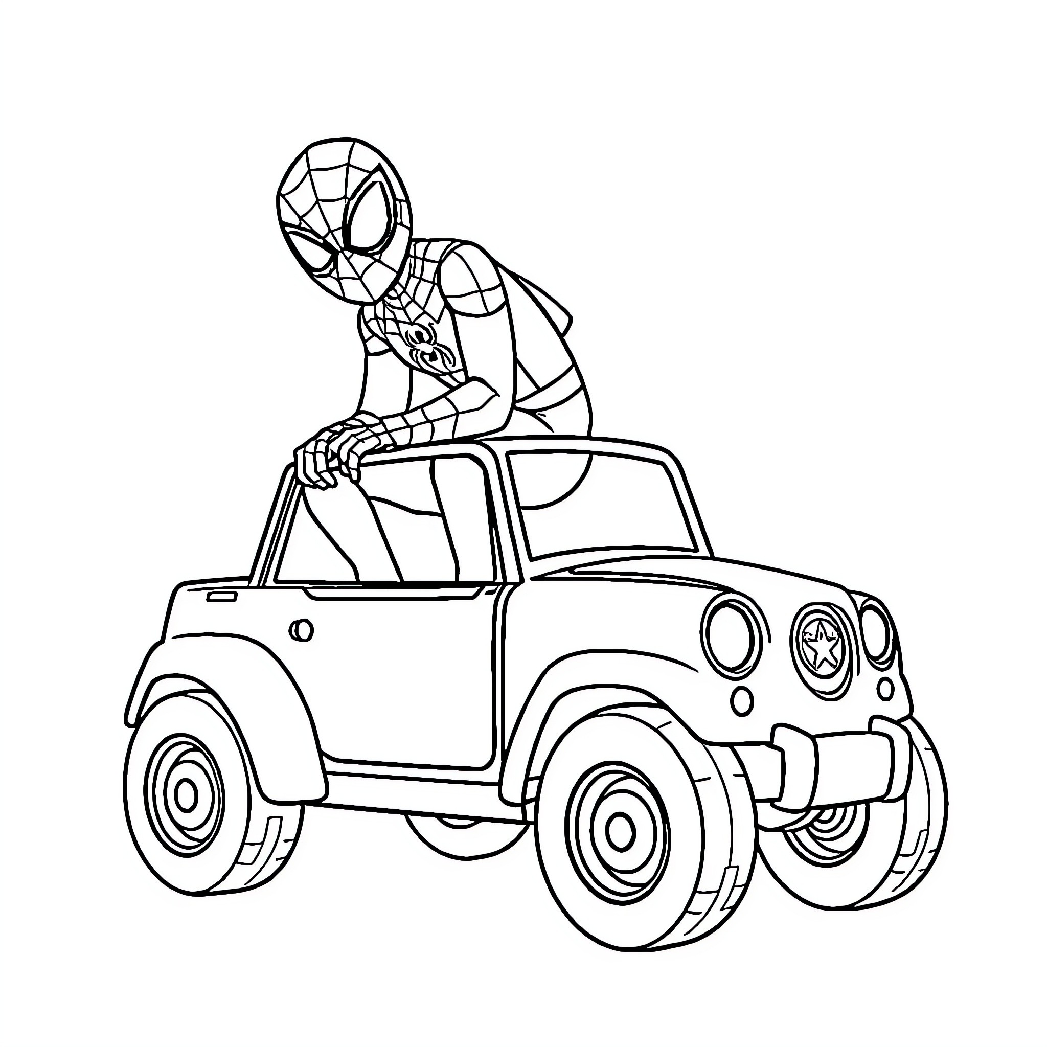 Spider-Man riding in a fun off-road vehicle Coloring Page (free black-and-white line drawing printable PDF for all, from beginners to advanced learners, including children, teens, adults, and seniors)