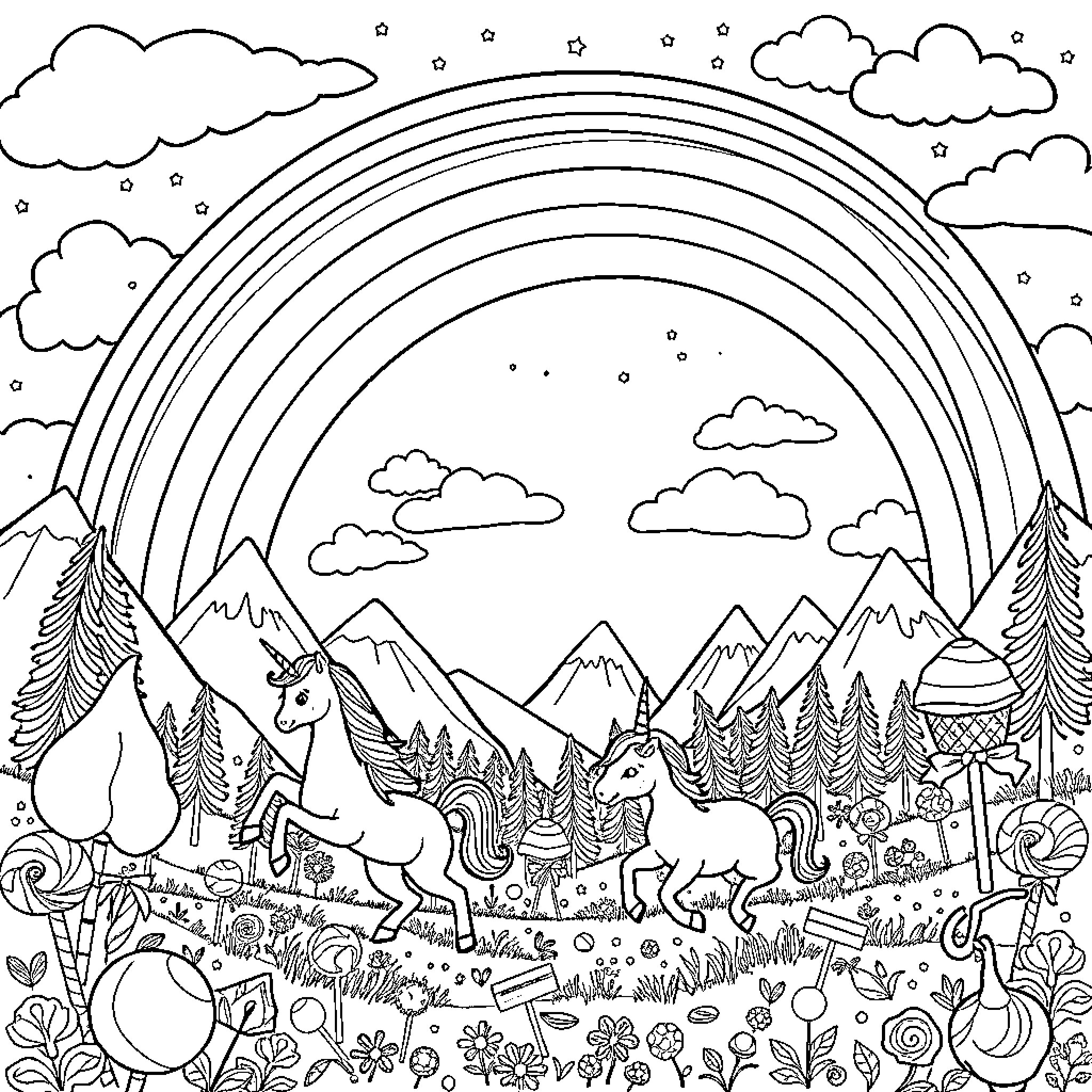 Unicorns frolicking in a magical forest Coloring Page (free black-and-white line drawing printable PDF for all, from beginners to advanced learners, including children, teens, adults, and seniors)