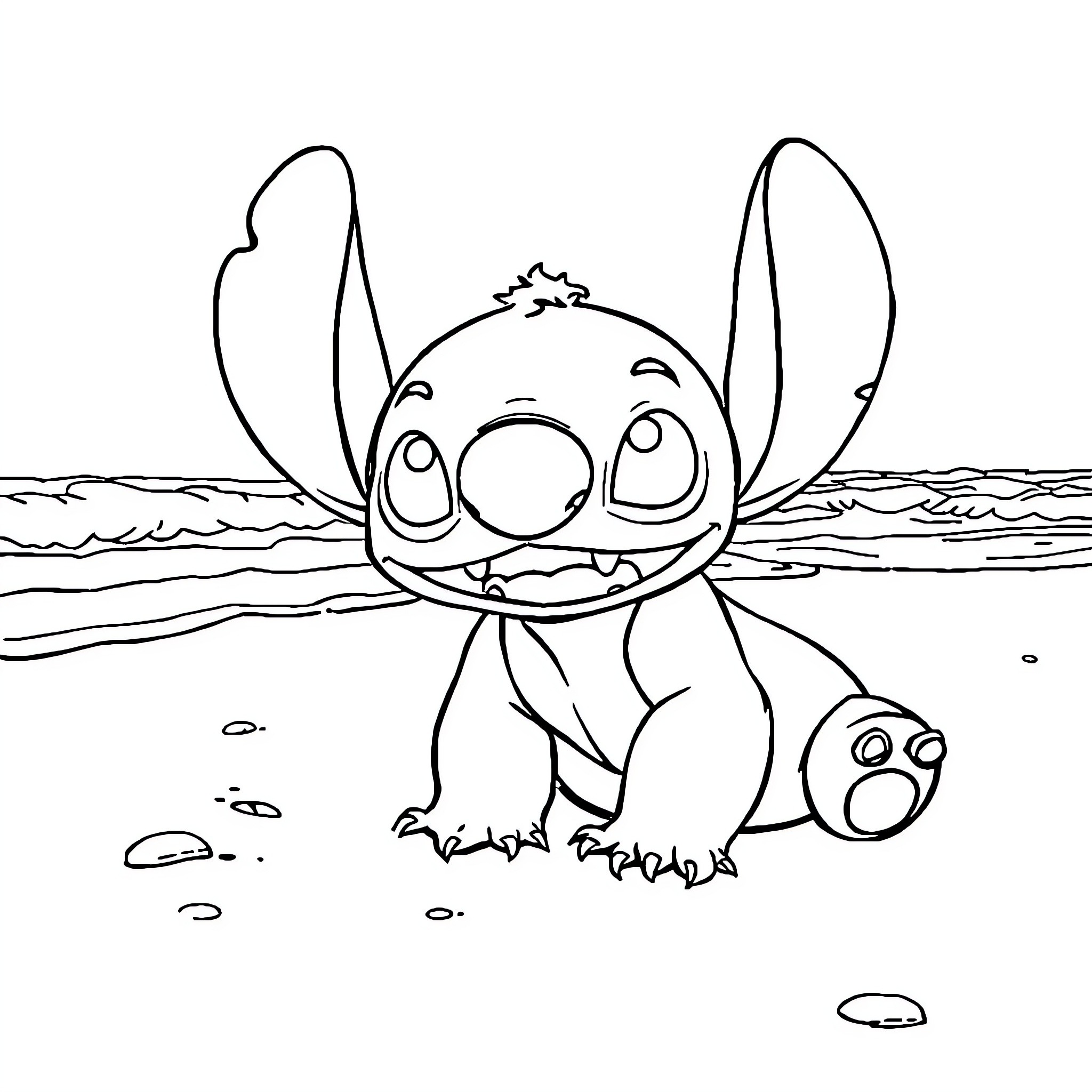 Stitch enjoying a peaceful beach day Coloring Page (free black-and-white line drawing printable PDF for all, from beginners to advanced learners, including children, teens, adults, and seniors)