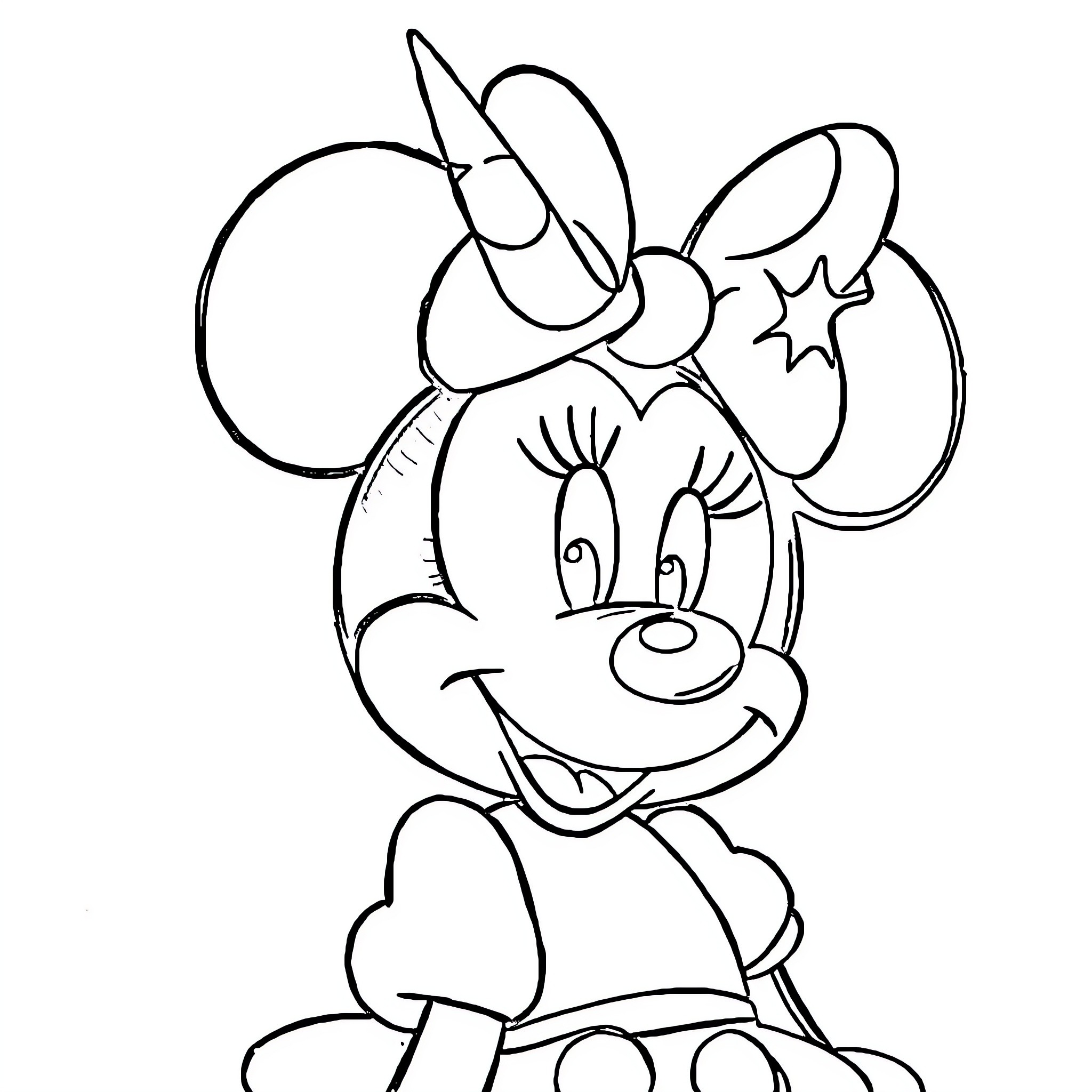 Unicorn-inspired Minnie Mouse in a cheerful pose Coloring Page (free black-and-white line drawing printable PDF for all, from beginners to advanced learners, including children, teens, adults, and seniors)