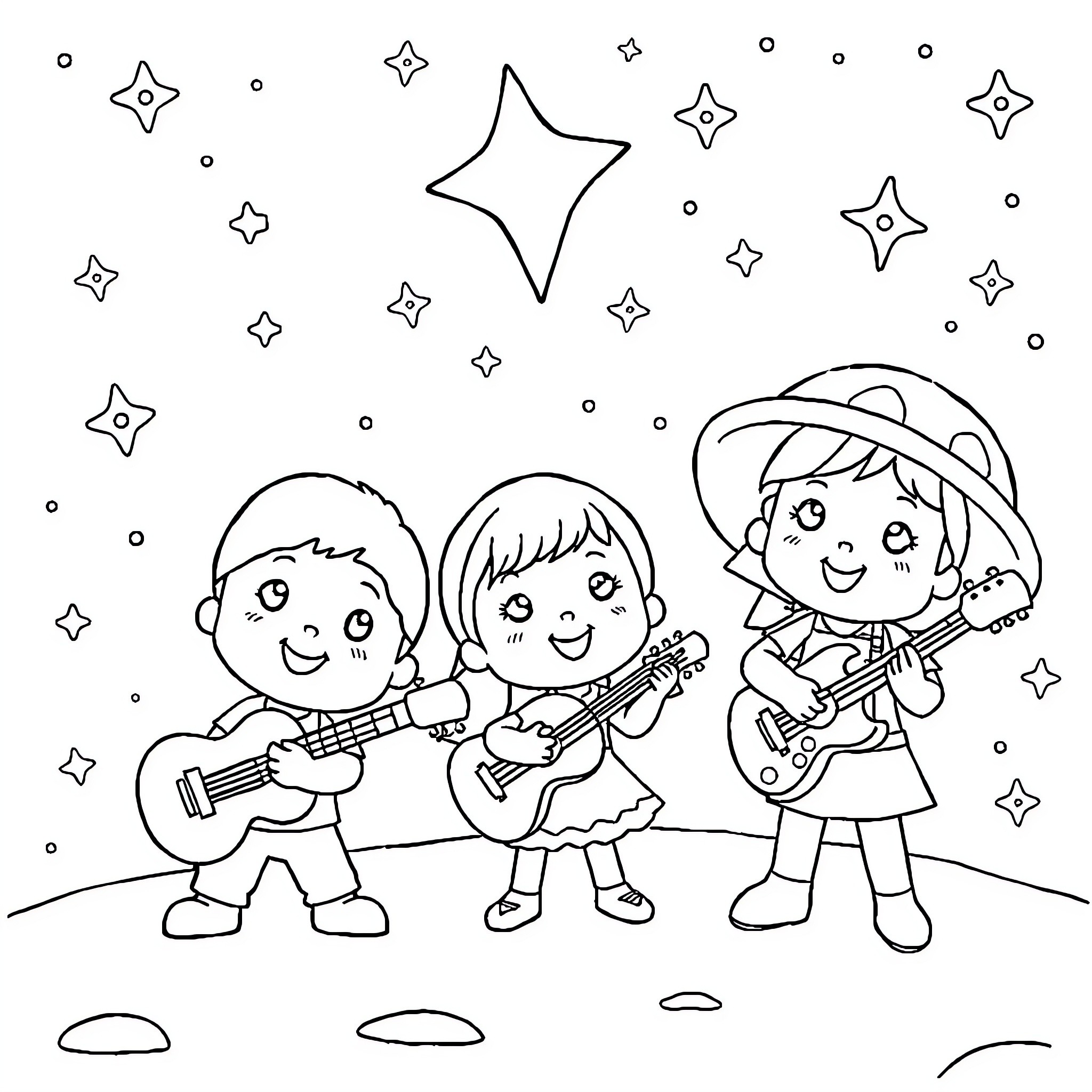 Pocoyo friends playing music under the stars Coloring Page (free black-and-white line drawing printable PDF for all, from beginners to advanced learners, including children, teens, adults, and seniors)