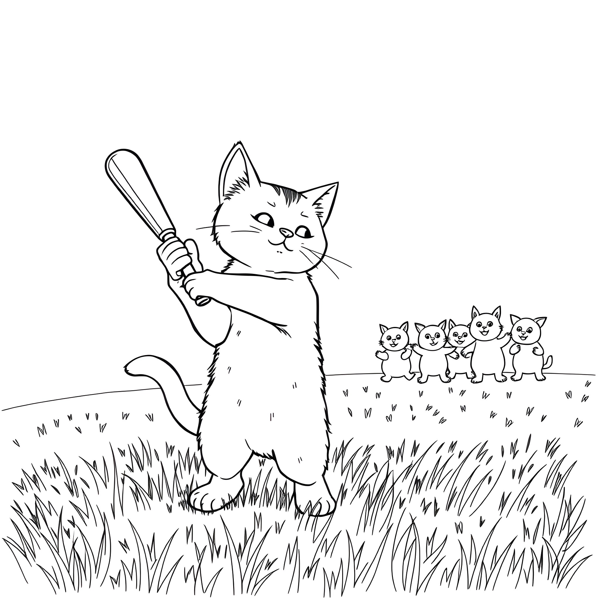 Cat baseball player with kittens in field Coloring Page (free black-and-white line drawing printable PDF for all, from beginners to advanced learners, including children, teens, adults, and seniors)