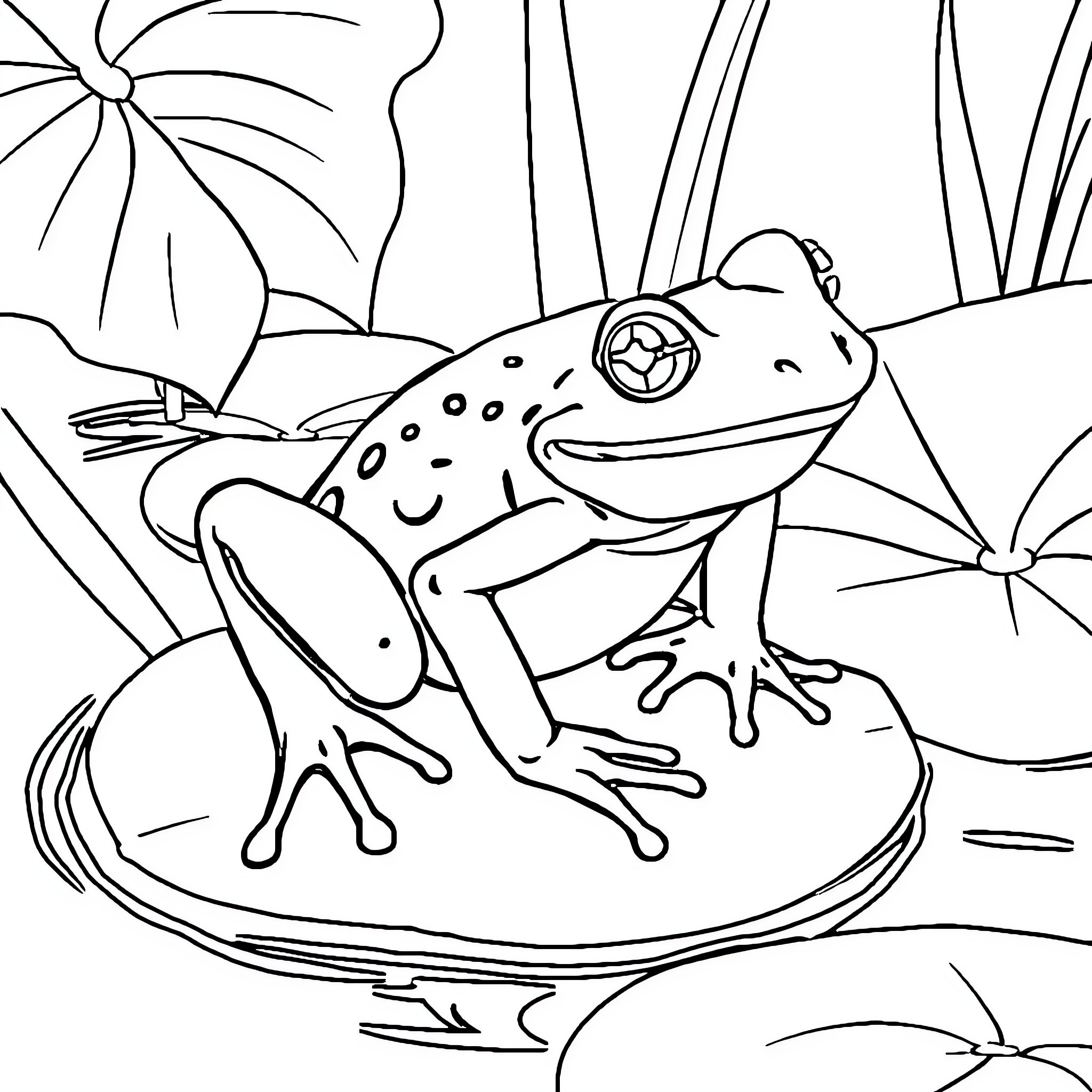 Frog relaxing on lily pad in natural setting Coloring Page (free black-and-white line drawing printable PDF for all, from beginners to advanced learners, including children, teens, adults, and seniors)