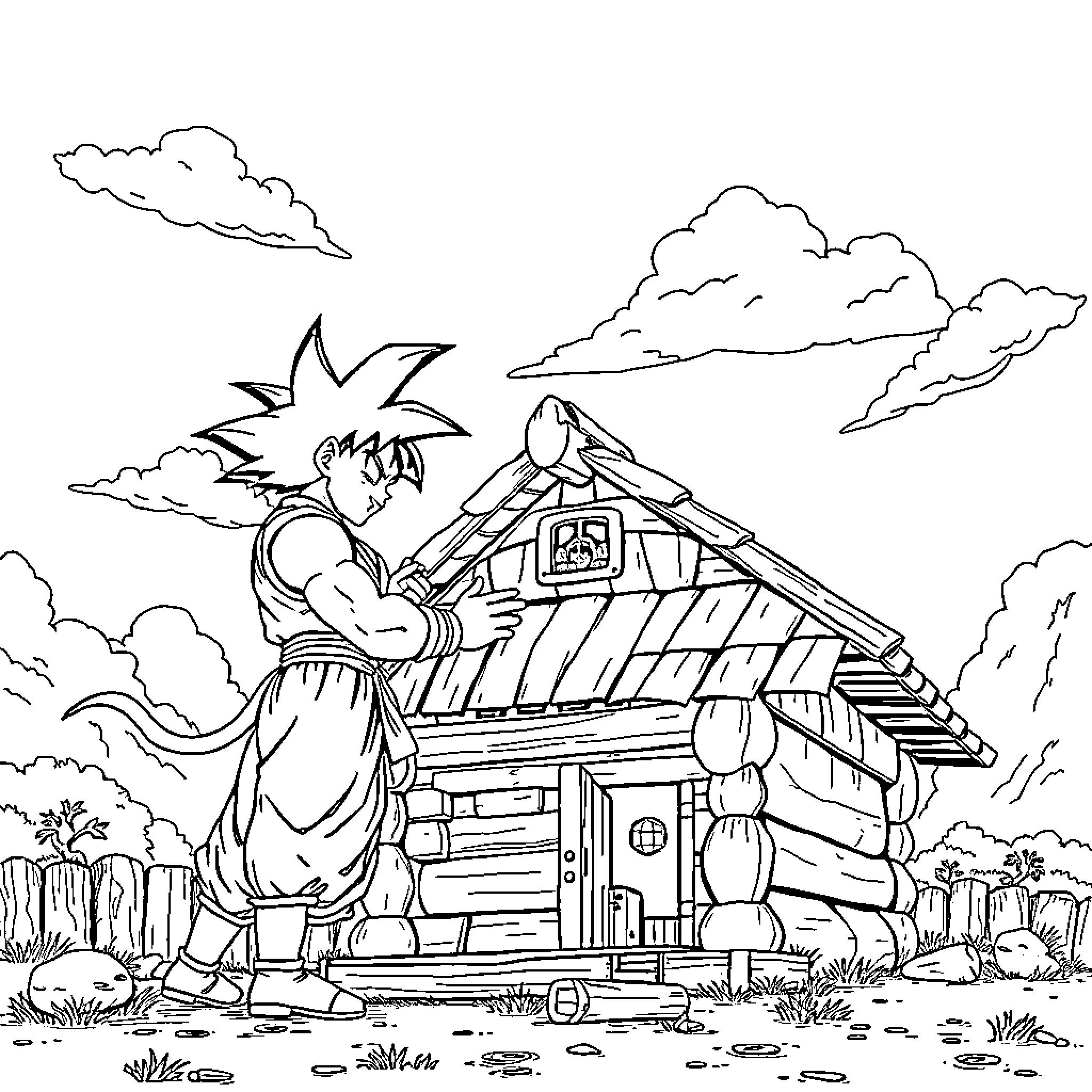 Piccolo repairing a cabin in the woods Coloring Page (free black-and-white line drawing printable PDF for all, from beginners to advanced learners, including children, teens, adults, and seniors)