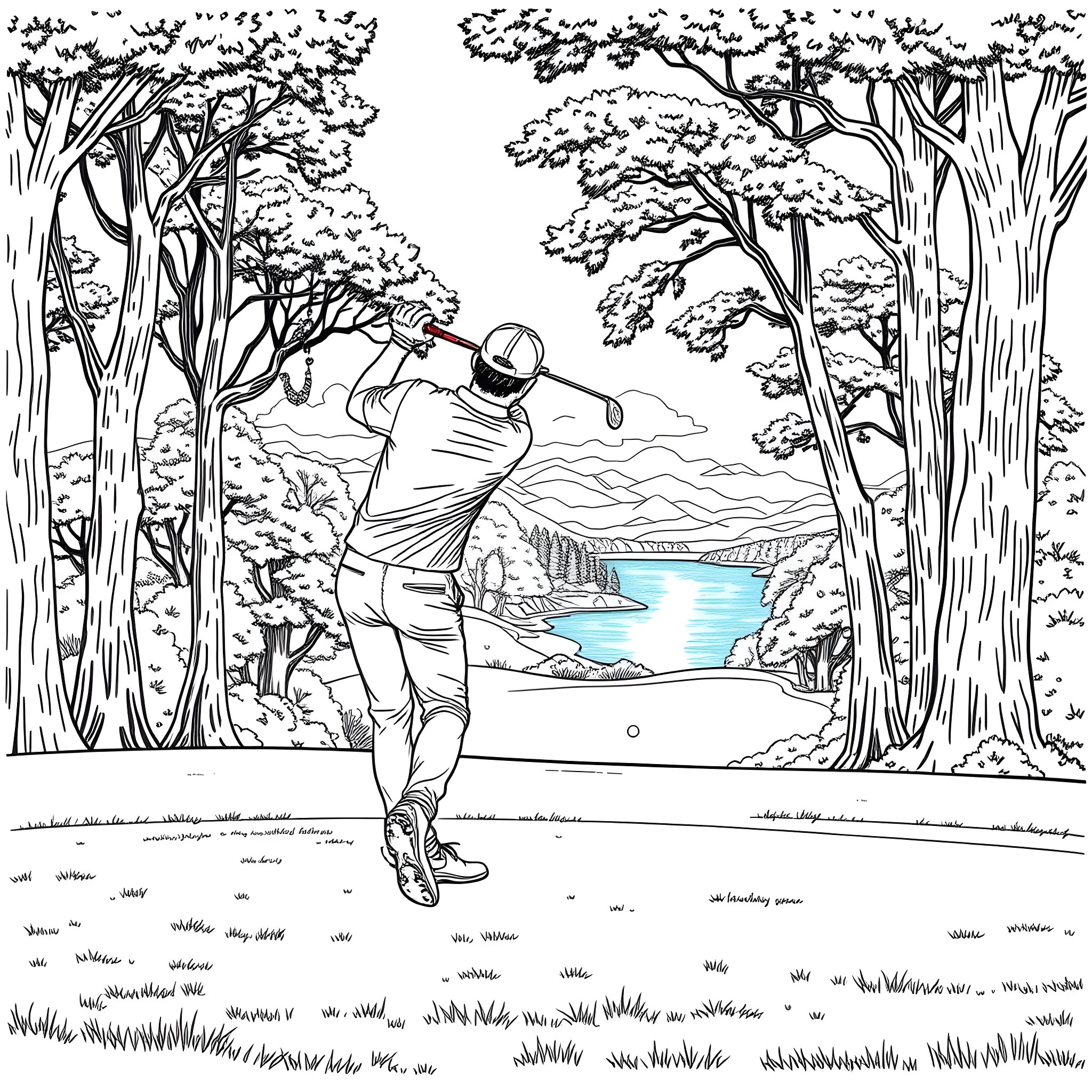 Mo Salah playing golf in a scenic forest landscape Coloring Page (free black-and-white line drawing printable PDF for all, from beginners to advanced learners, including children, teens, adults, and seniors)