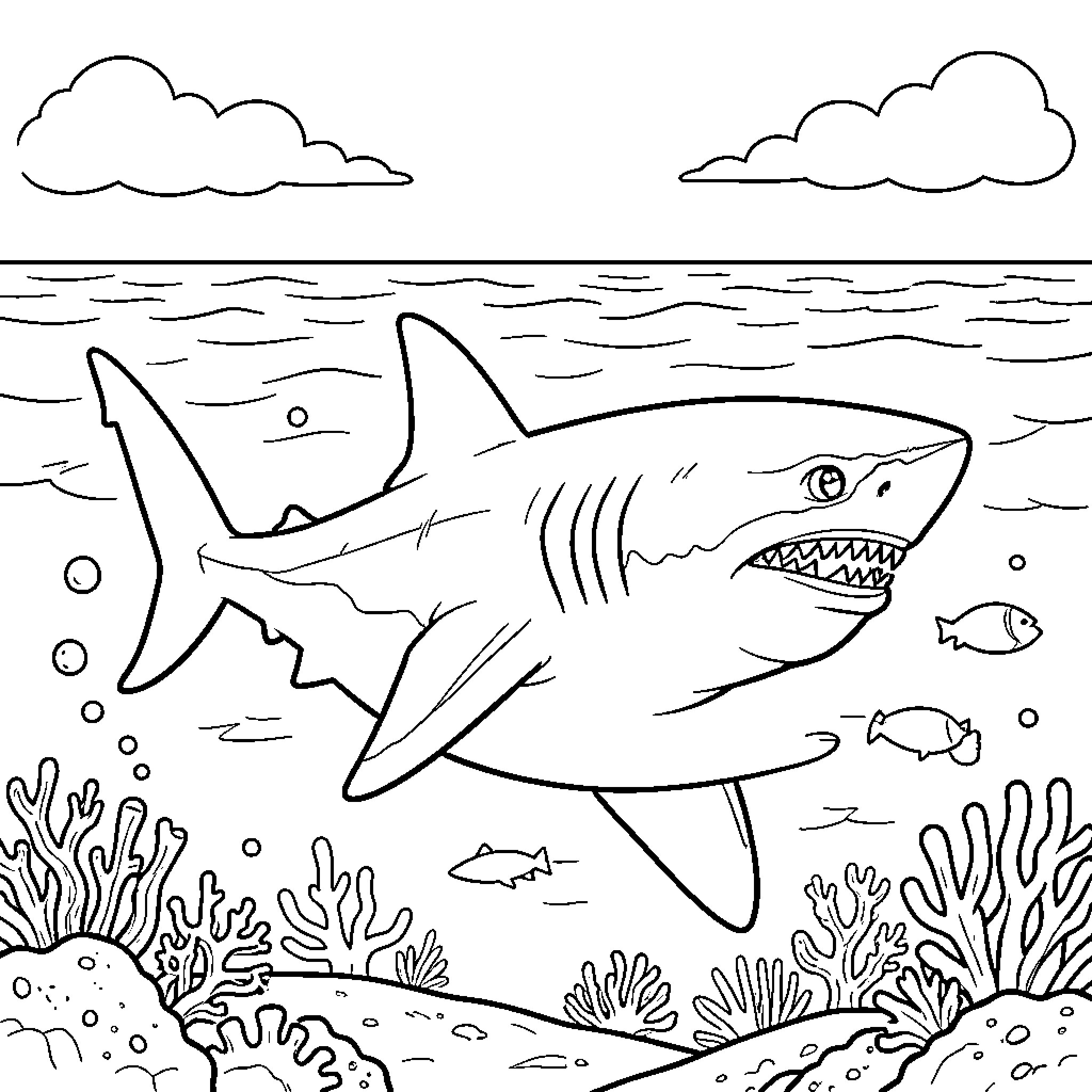 Shark swimming through coral reefs with small fish Coloring Page (free black-and-white line drawing printable PDF for all, from beginners to advanced learners, including children, teens, adults, and seniors)
