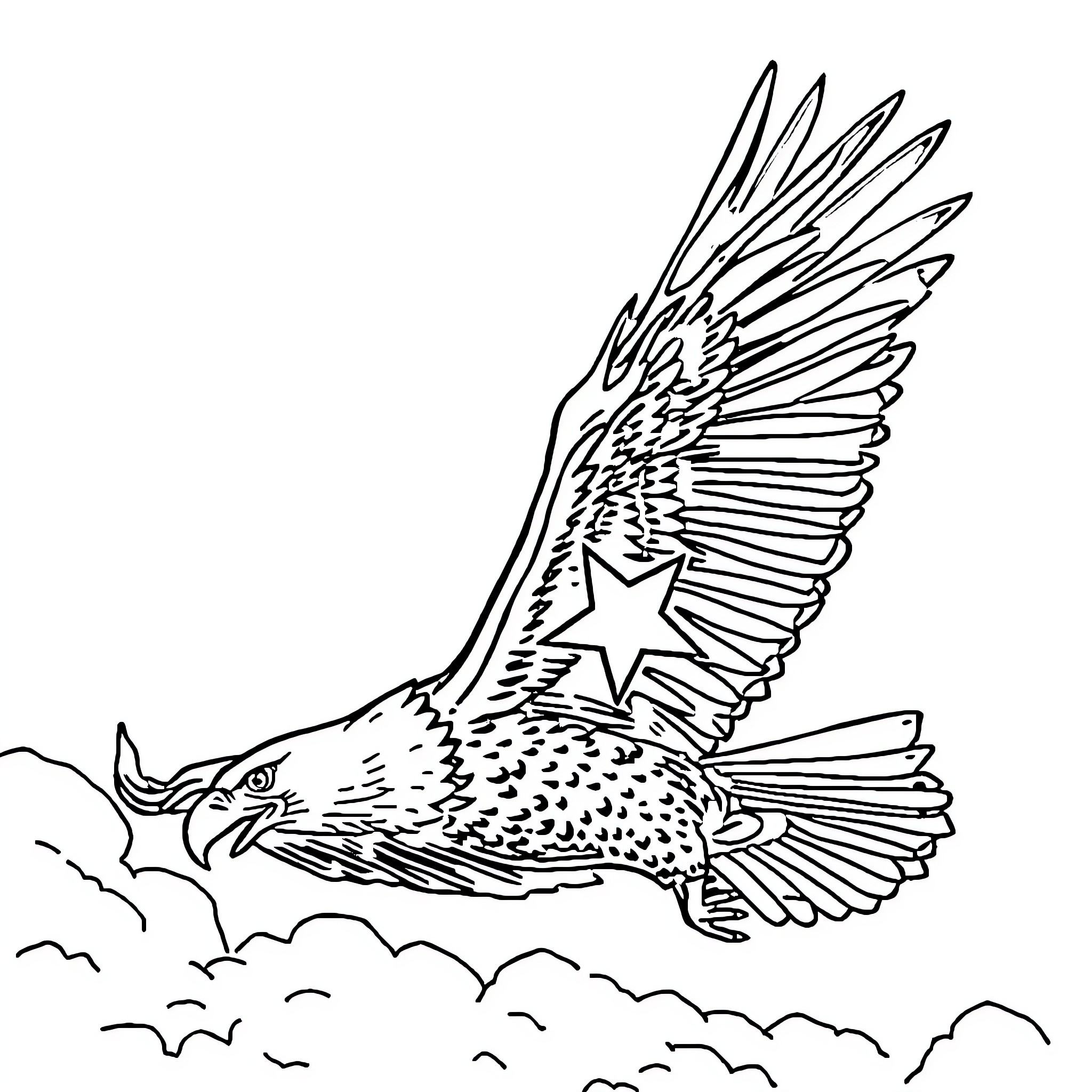 Eagle soaring majestically in the sky Coloring Page (free black-and-white line drawing printable PDF for all, from beginners to advanced learners, including children, teens, adults, and seniors)