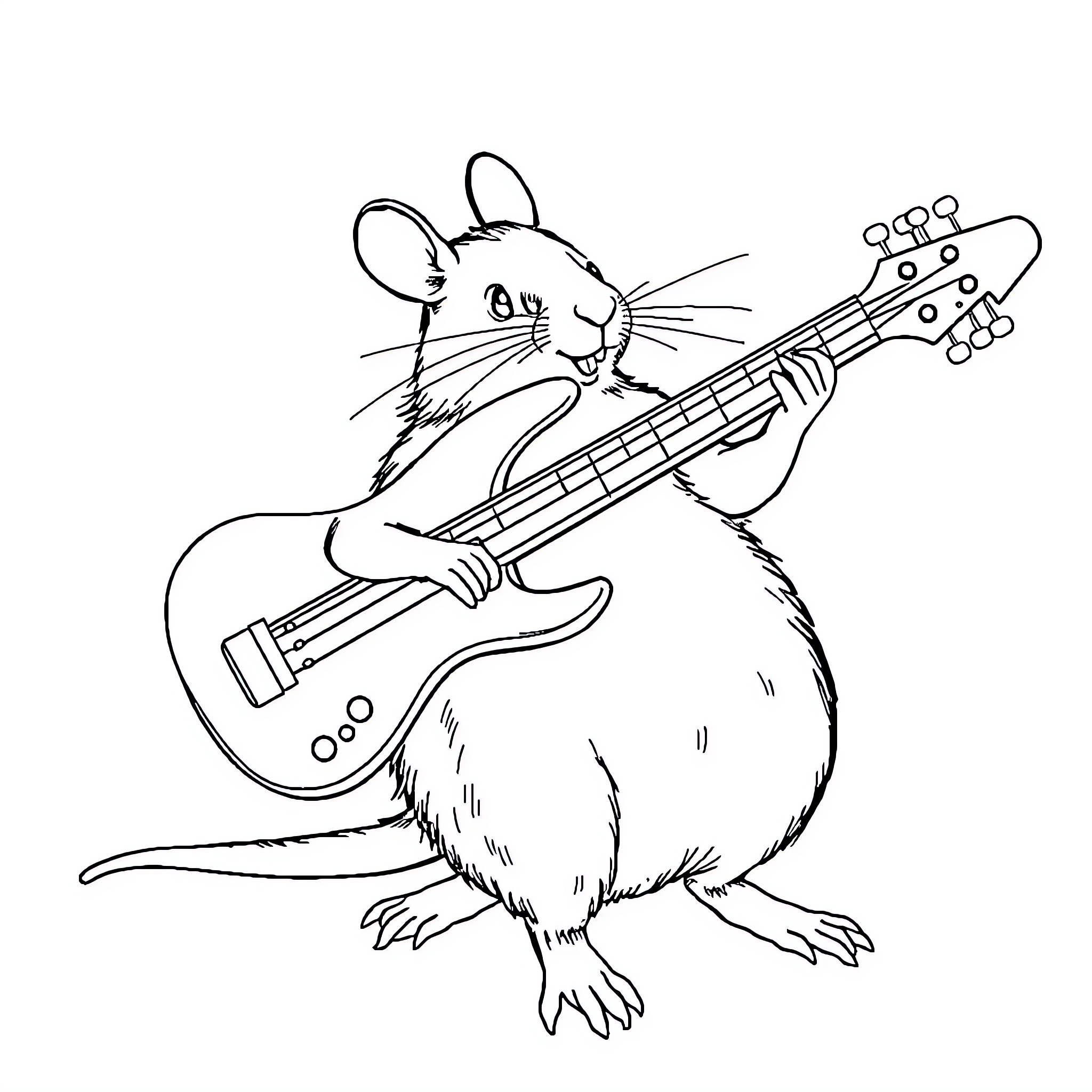 Rat playing a guitar happily Coloring Page (free black-and-white line drawing printable PDF for all, from beginners to advanced learners, including children, teens, adults, and seniors)