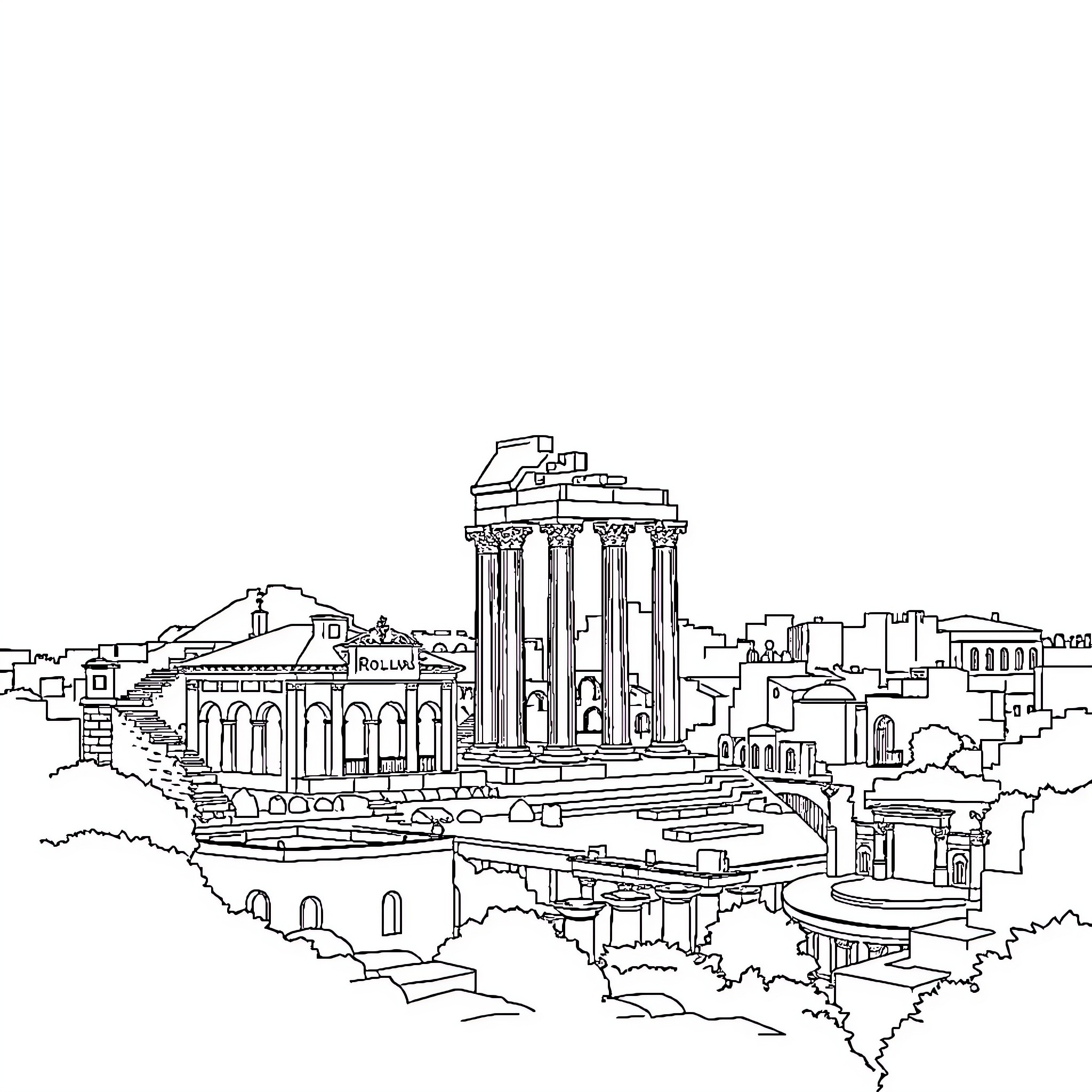 Rome's Iconic Architectural Wonders Coloring Page (free black-and-white line drawing printable PDF for all, from beginners to advanced learners, including children, teens, adults, and seniors)