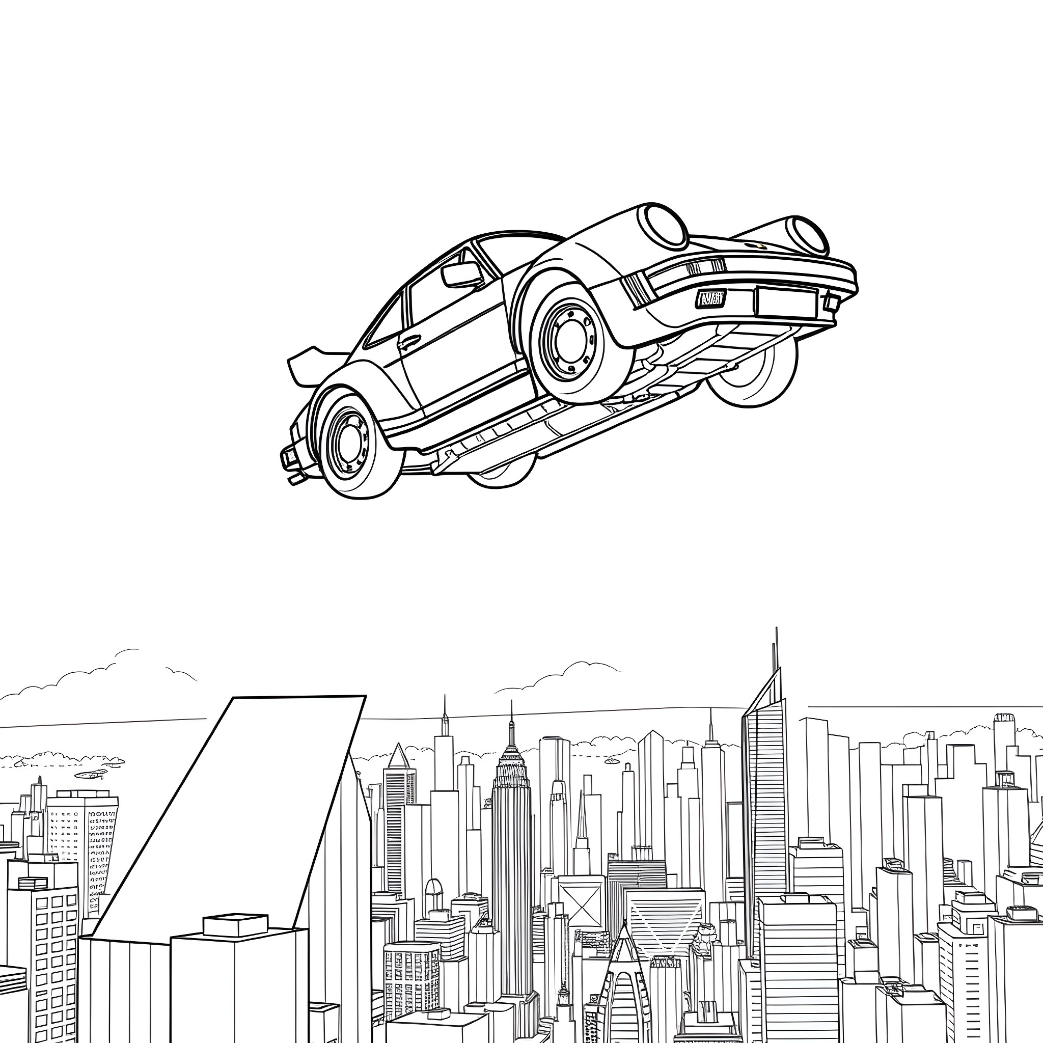 Porsche racing through the city streets Coloring Page (free black-and-white line drawing printable PDF for all, from beginners to advanced learners, including children, teens, adults, and seniors)