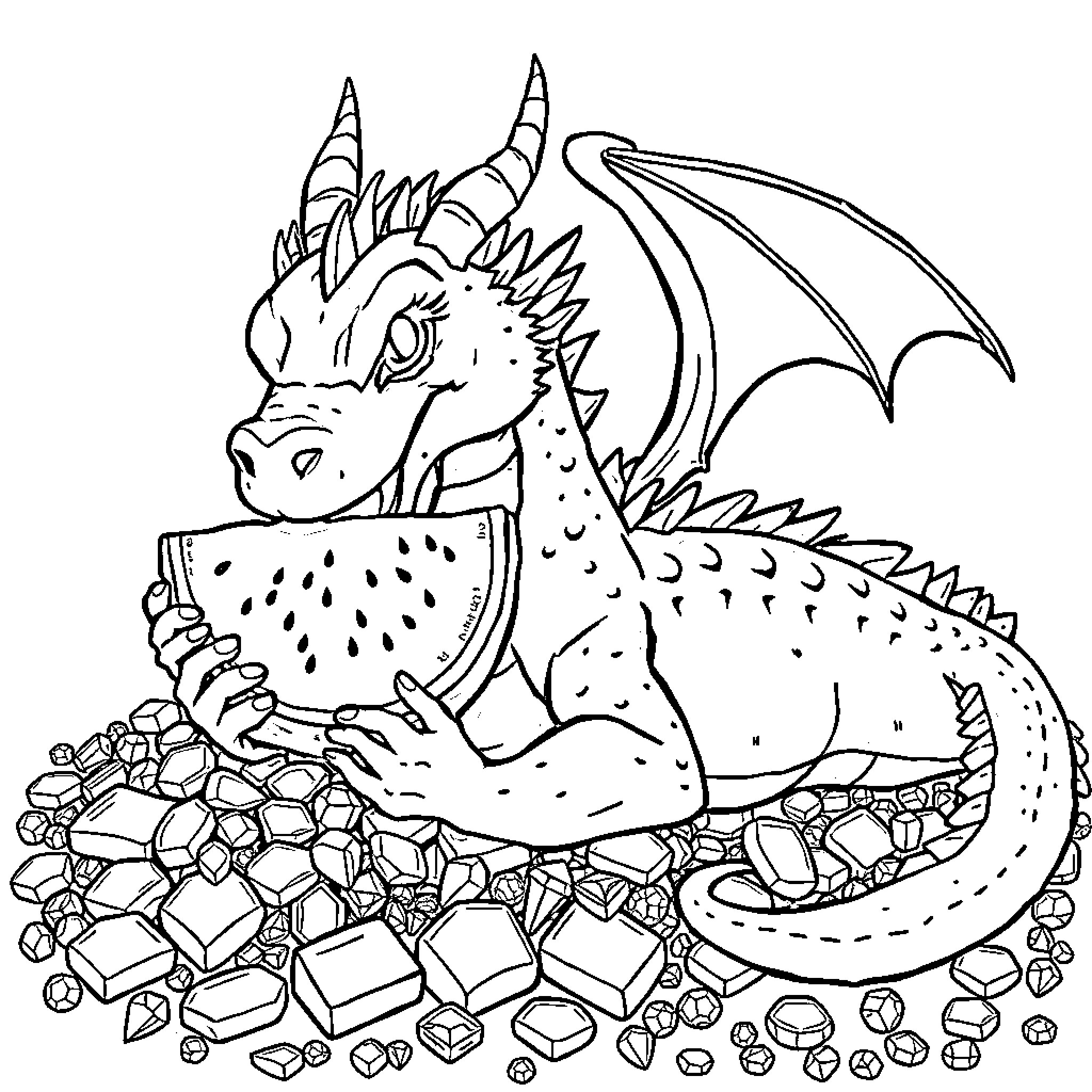 Dragon guarding its treasure hoard Coloring Page (free black-and-white line drawing printable PDF for all, from beginners to advanced learners, including children, teens, adults, and seniors)