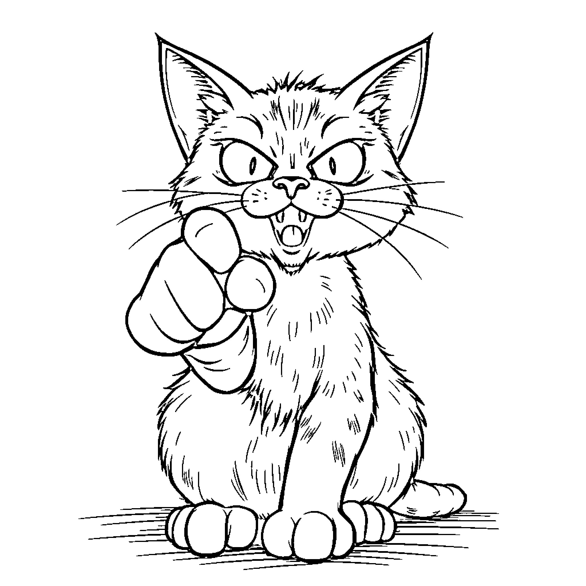 Cat making angry face and raising paw Coloring Page (free black-and-white line drawing printable PDF for all, from beginners to advanced learners, including children, teens, adults, and seniors)