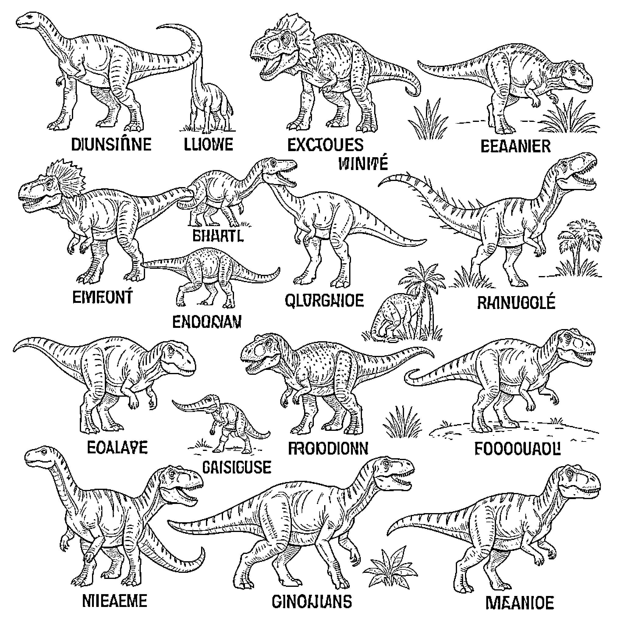 Diverse Dinosaur Illustrations and Scenes Coloring Page (free black-and-white line drawing printable PDF for all, from beginners to advanced learners, including children, teens, adults, and seniors)