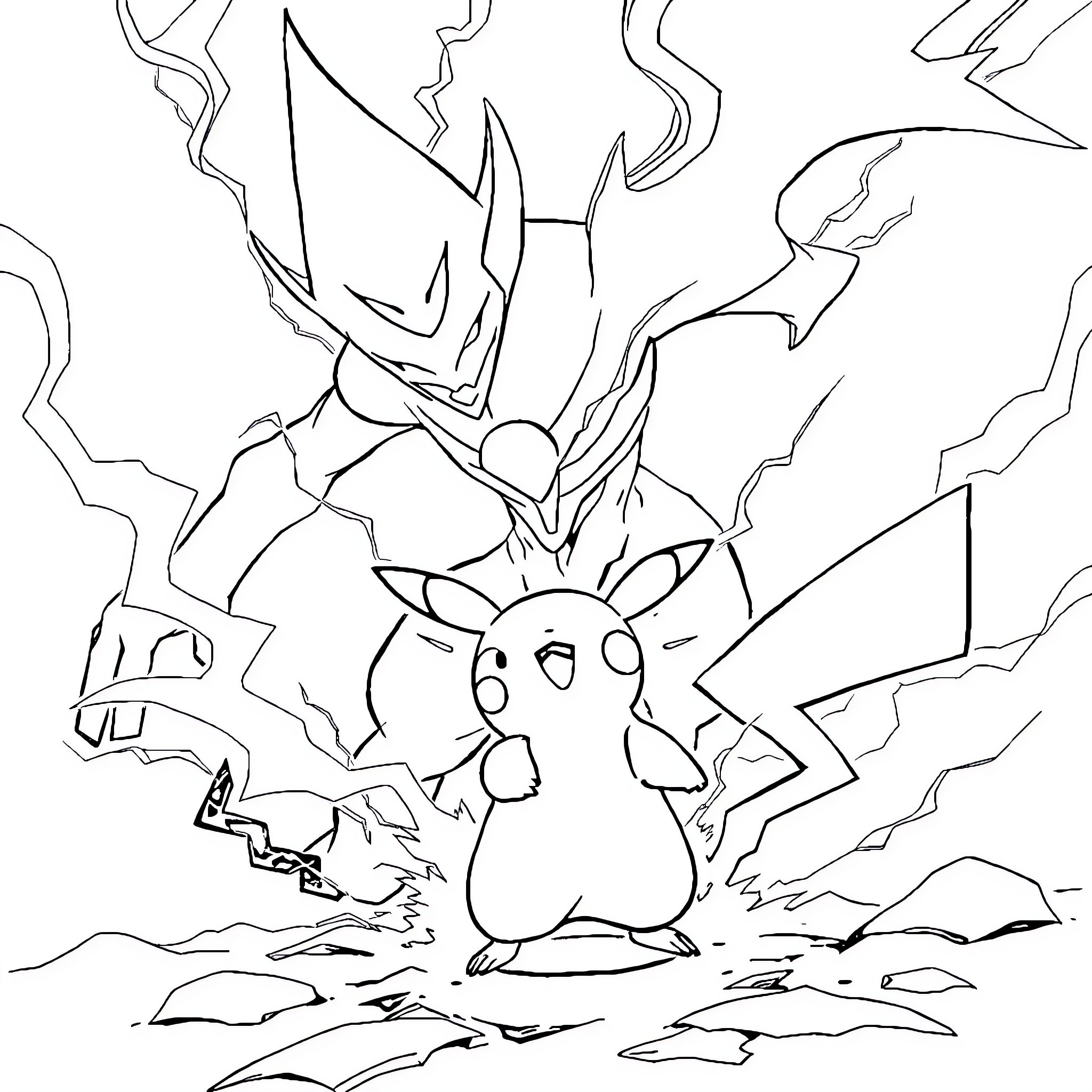 Pikachu facing powerful mythical creature Coloring Page (free black-and-white line drawing printable PDF for all, from beginners to advanced learners, including children, teens, adults, and seniors)