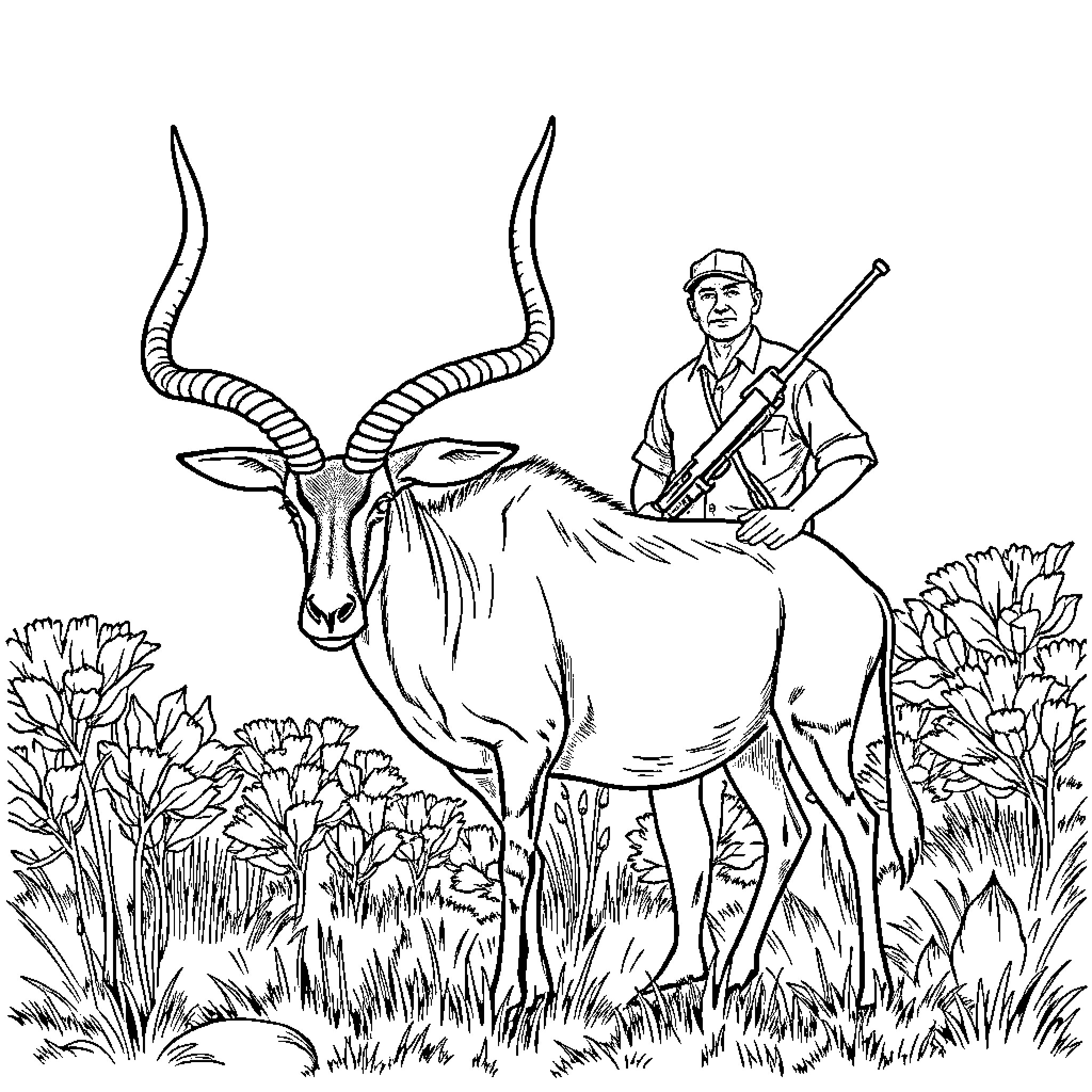 Hunter stalking a large horned animal in the wilderness Coloring Page (free black-and-white line drawing printable PDF for all, from beginners to advanced learners, including children, teens, adults, and seniors)
