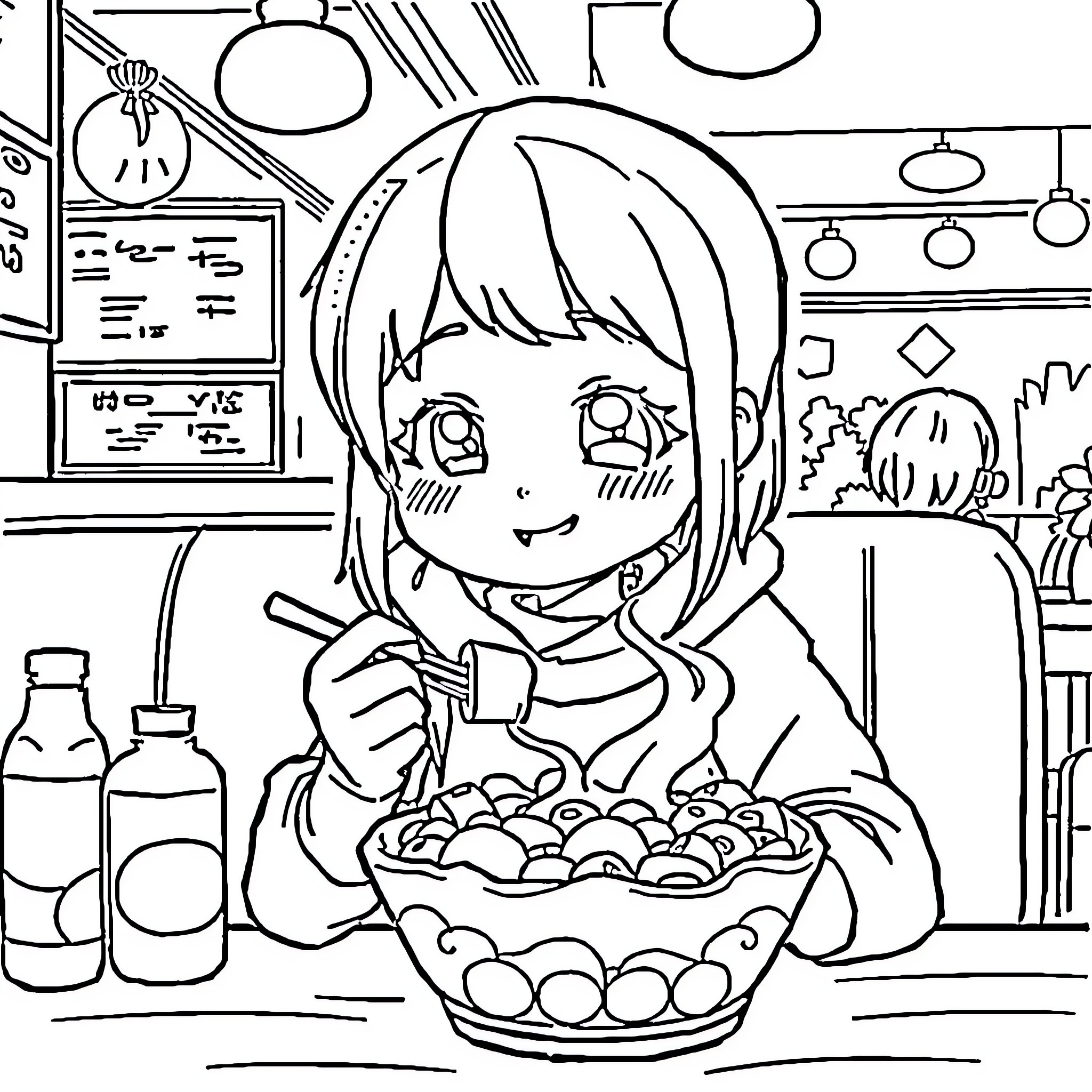 Anime Character Enjoying Snacks in the Kitchen Coloring Page (free black-and-white line drawing printable PDF for all, from beginners to advanced learners, including children, teens, adults, and seniors)