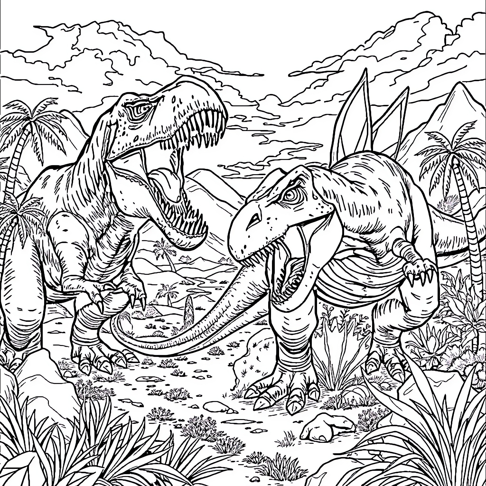 Dinosaurs roaming prehistoric landscape Coloring Page (free black-and-white line drawing printable PDF for all, from beginners to advanced learners, including children, teens, adults, and seniors)
