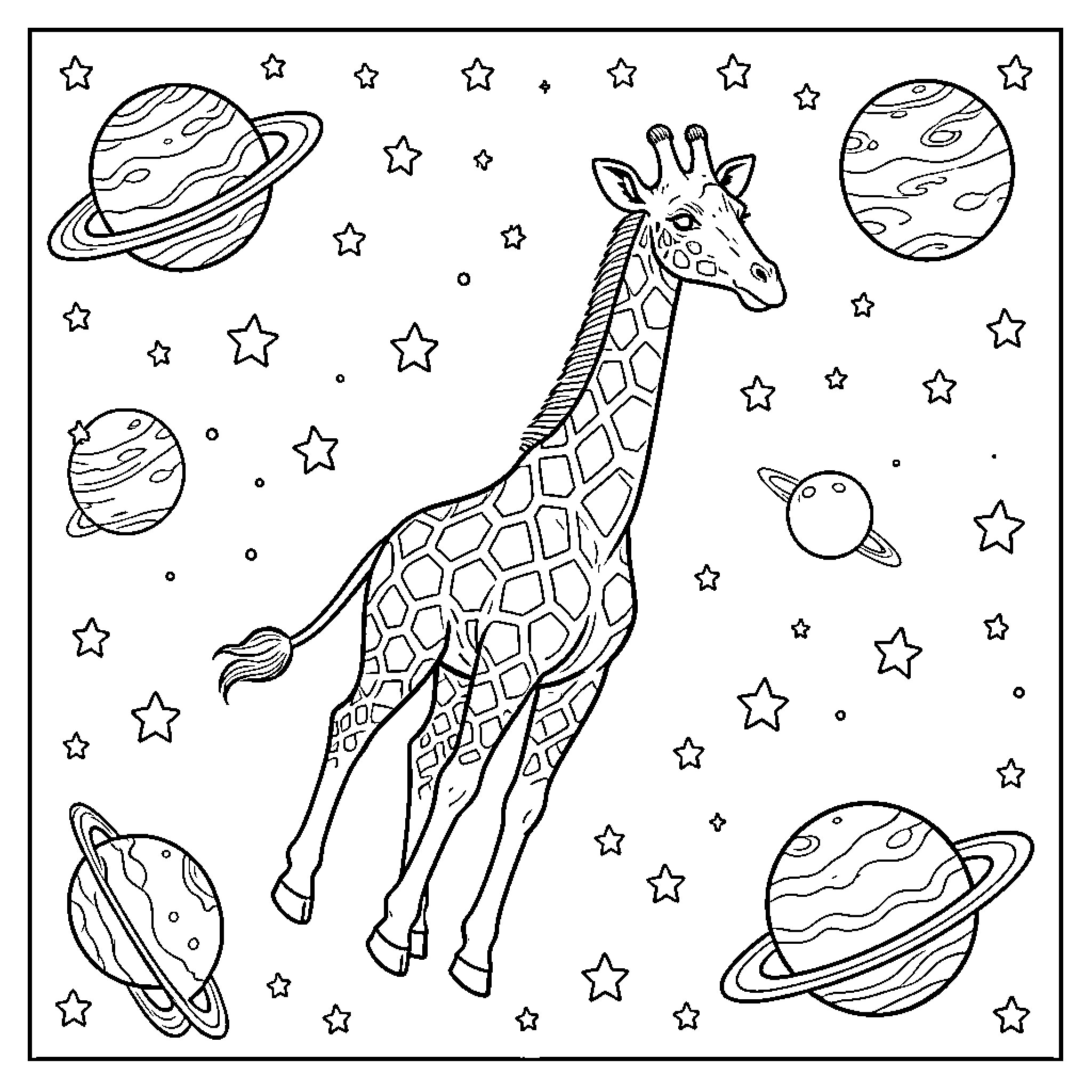 Giraffe floating peacefully among planets and stars Coloring Page (free black-and-white line drawing printable PDF for all, from beginners to advanced learners, including children, teens, adults, and seniors)