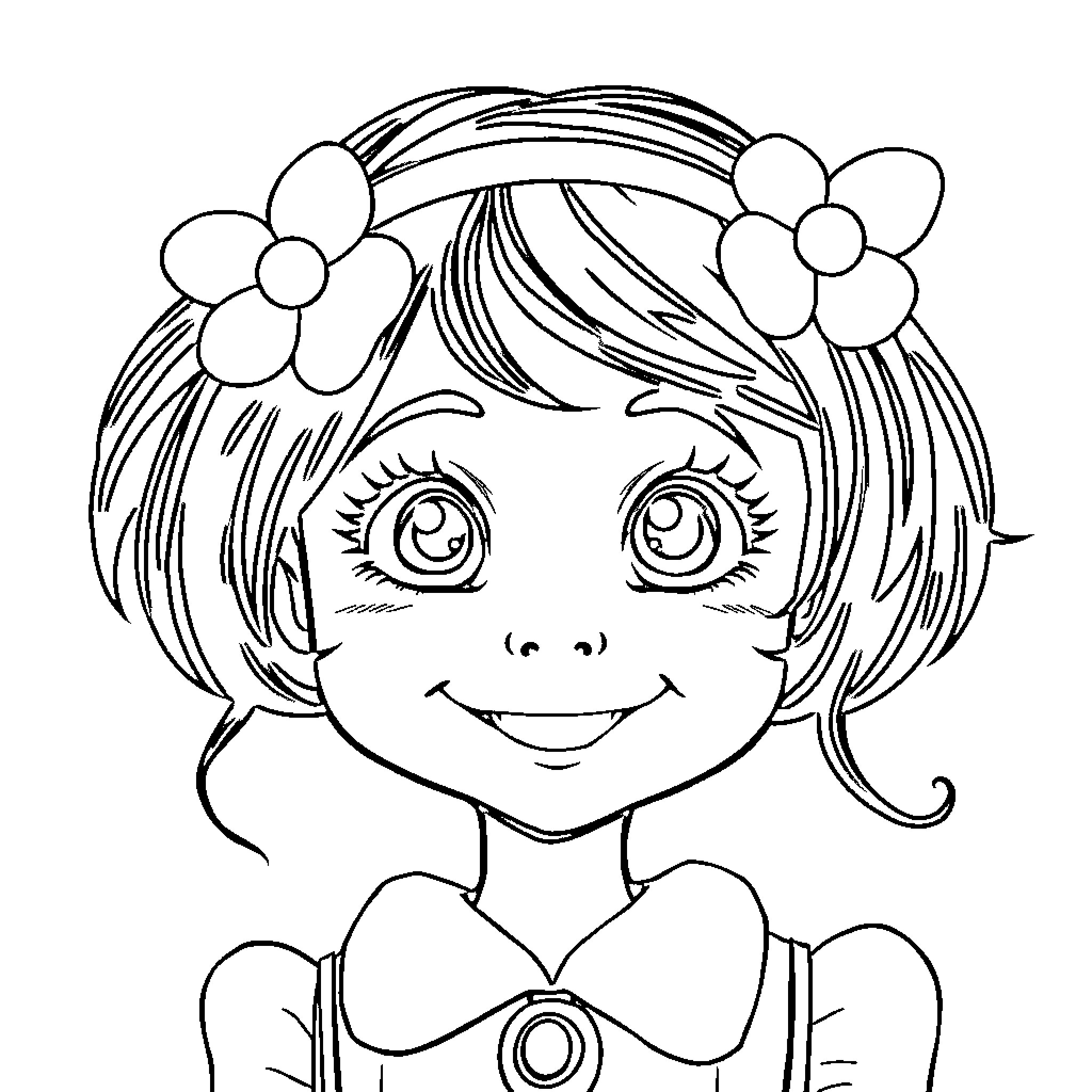 Girl with flower crown and cheerful expression Coloring Page (free black-and-white line drawing printable PDF for all, from beginners to advanced learners, including children, teens, adults, and seniors)