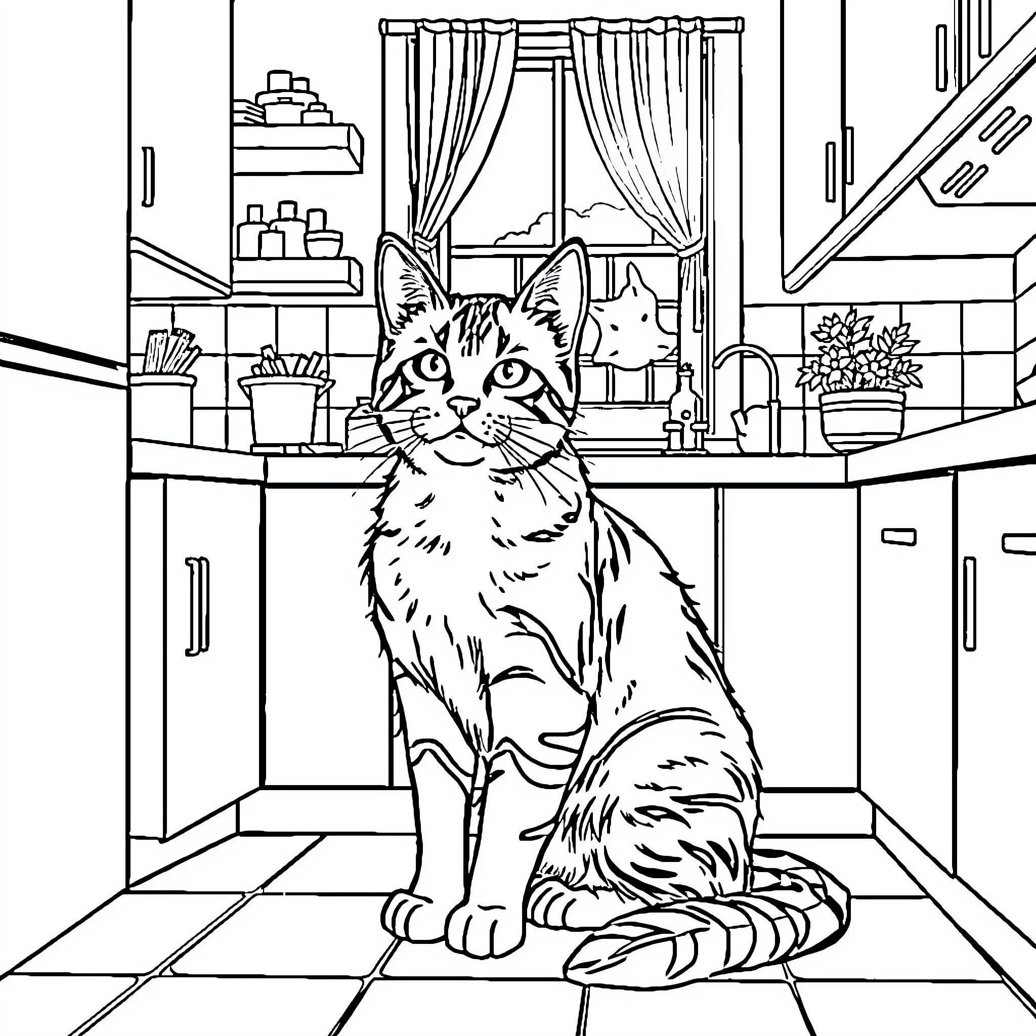 Tabby Cat Exploring the Kitchen Coloring Page (free black-and-white line drawing printable PDF for all, from beginners to advanced learners, including children, teens, adults, and seniors)