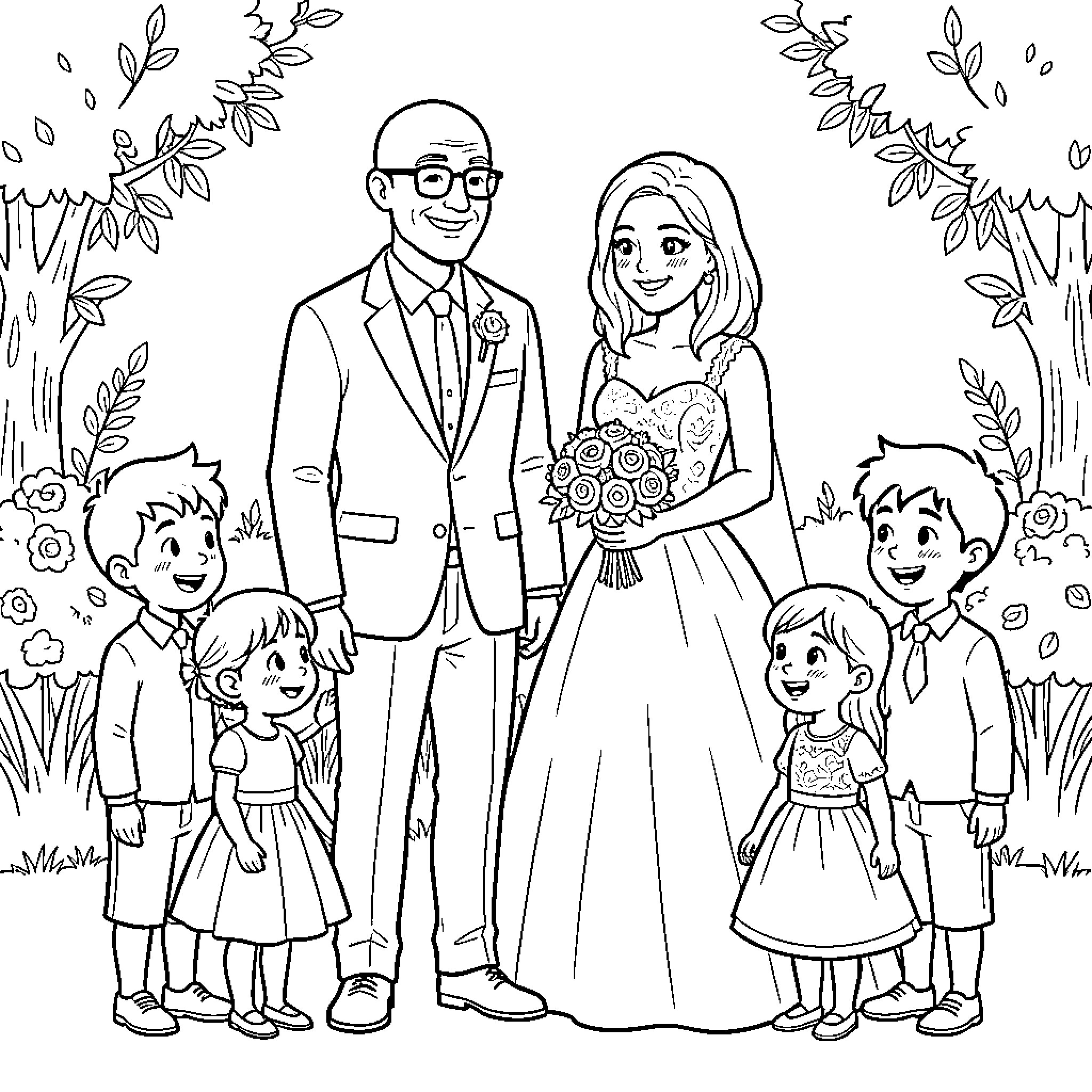 Couple celebrating wedding day with children Coloring Page (free black-and-white line drawing printable PDF for all, from beginners to advanced learners, including children, teens, adults, and seniors)