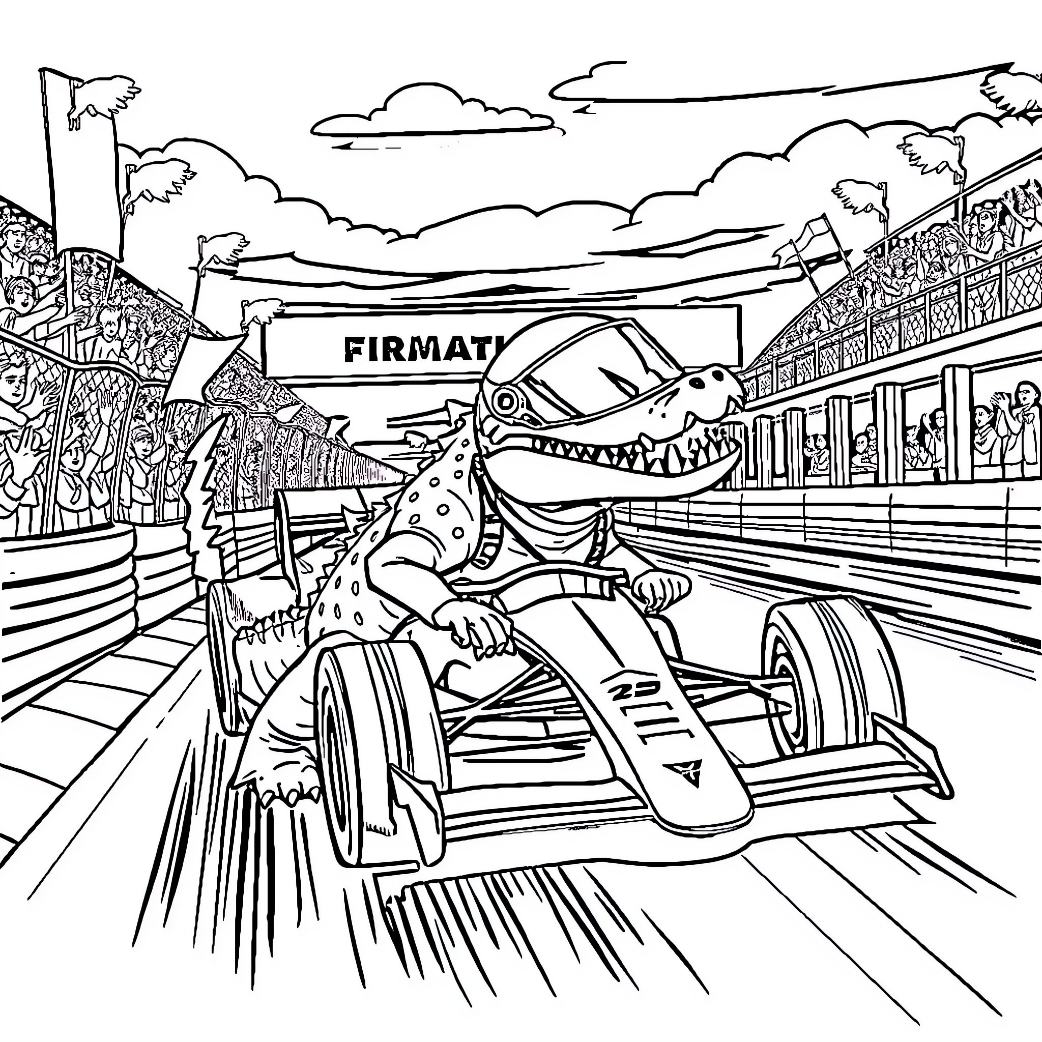 Crocodile racing in a high-speed Formula 1 car Coloring Page (free black-and-white line drawing printable PDF for all, from beginners to advanced learners, including children, teens, adults, and seniors)