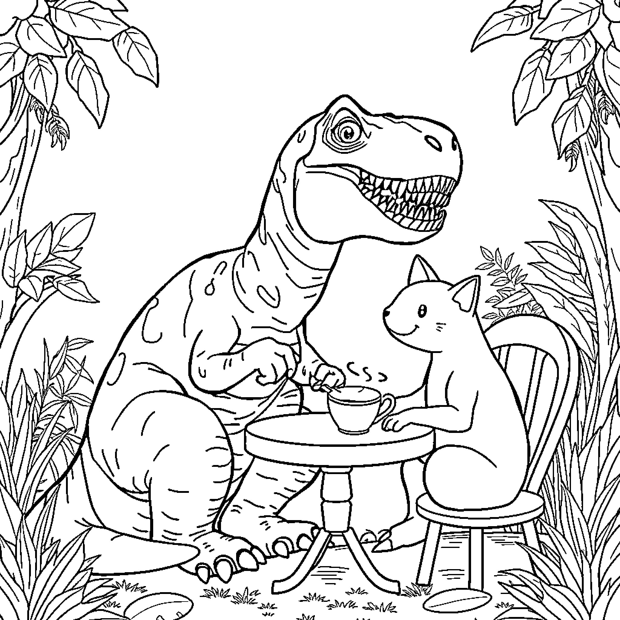 T-Rex Having Tea with Feline Companion in the Jungle Coloring Page (free black-and-white line drawing printable PDF for all, from beginners to advanced learners, including children, teens, adults, and seniors)