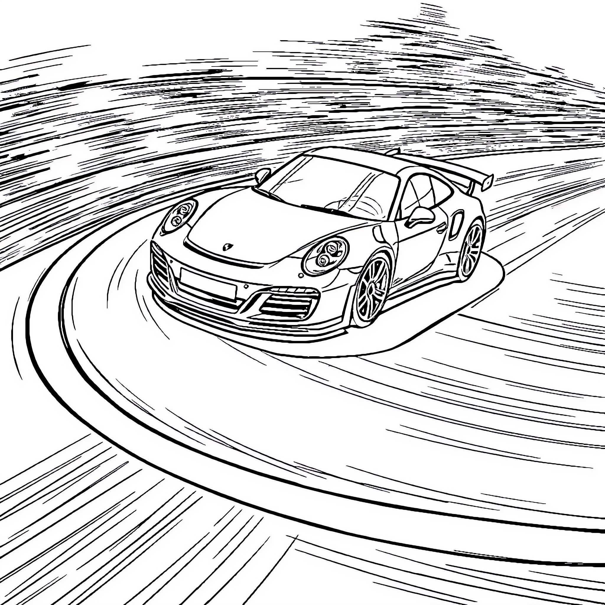 Porsche high-speed race through winding road Coloring Page (free black-and-white line drawing printable PDF for all, from beginners to advanced learners, including children, teens, adults, and seniors)