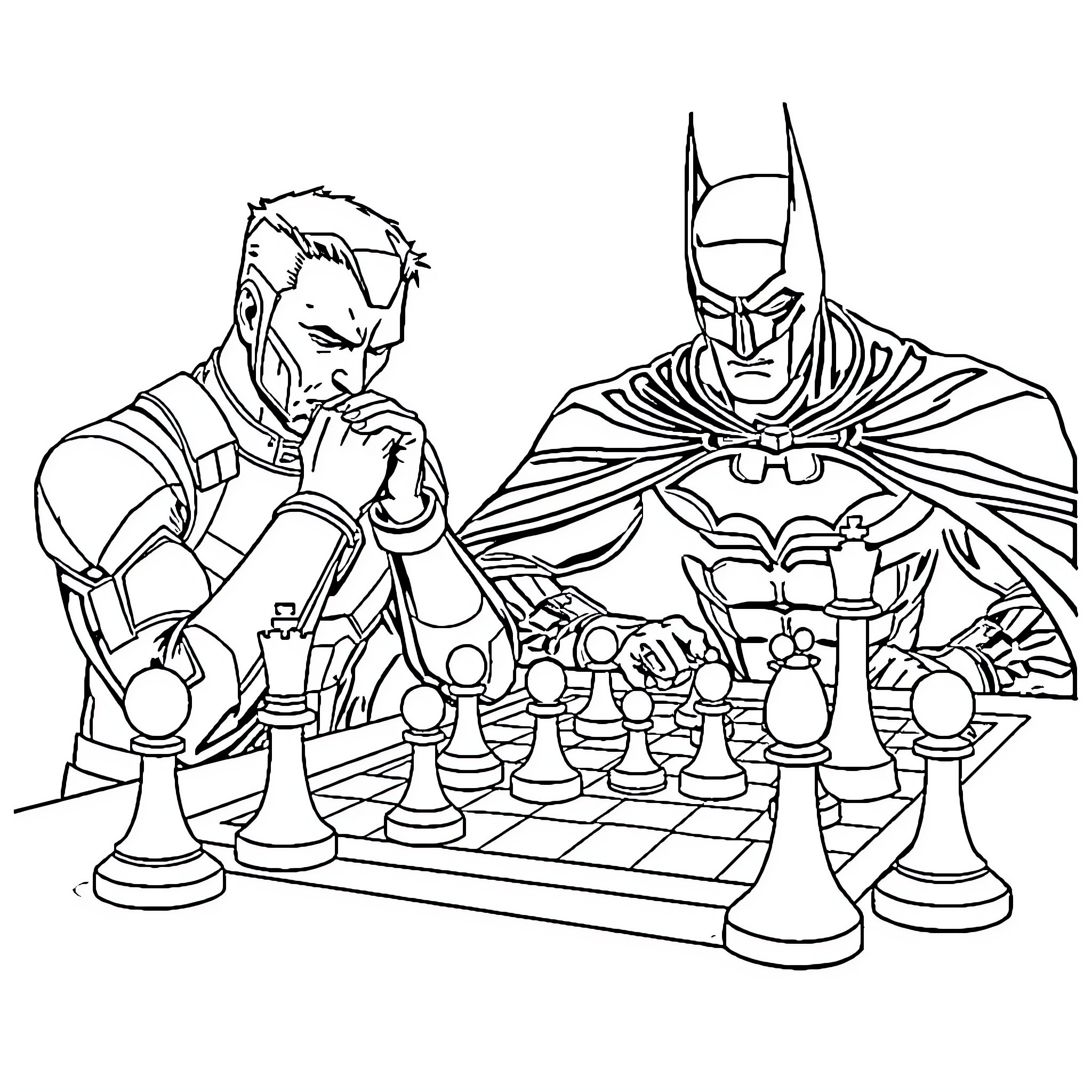 Tony Stark and Batman Playing Chess Together Coloring Page (free black-and-white line drawing printable PDF for all, from beginners to advanced learners, including children, teens, adults, and seniors)