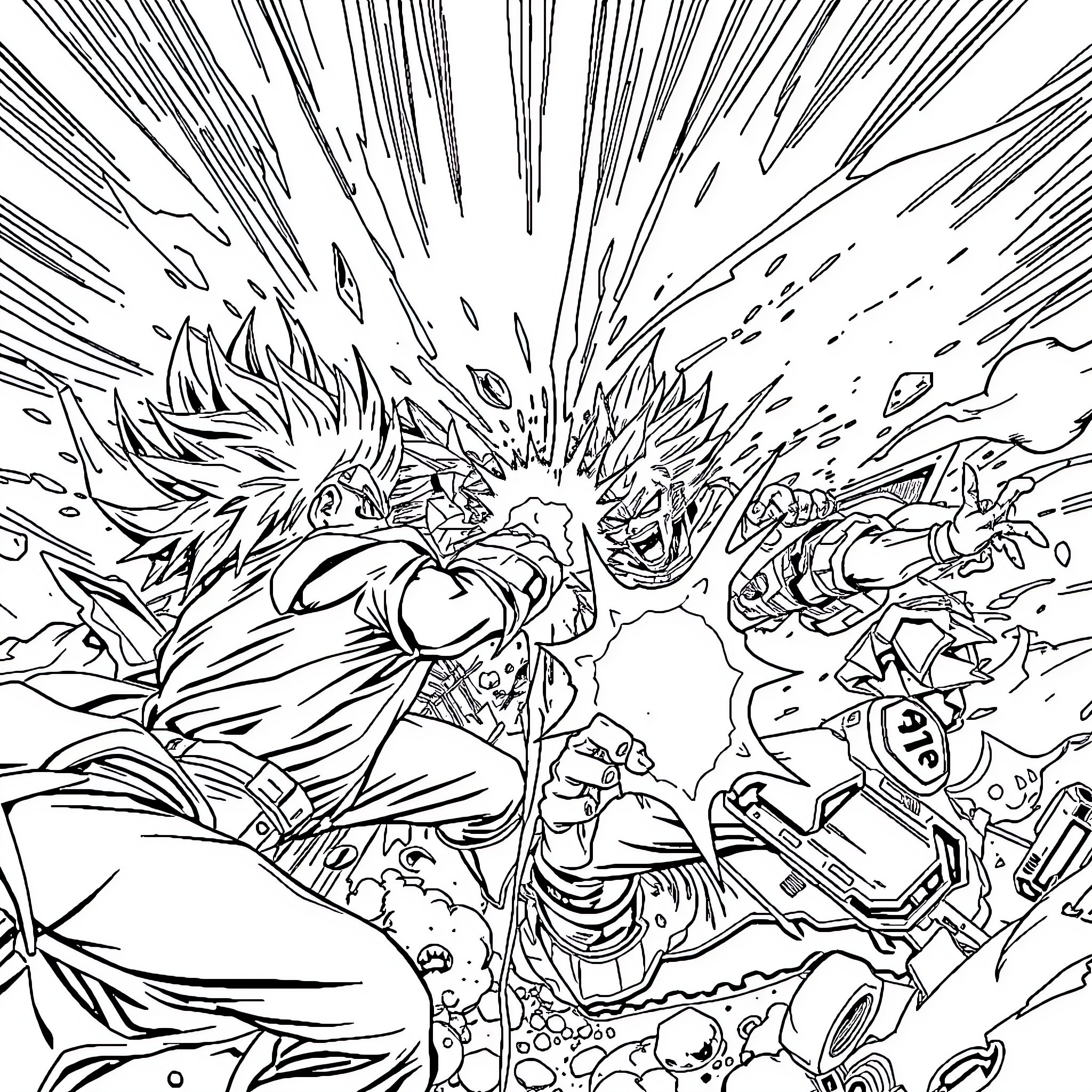 Anime characters in an intense battle scene Coloring Page (free black-and-white line drawing printable PDF for all, from beginners to advanced learners, including children, teens, adults, and seniors)