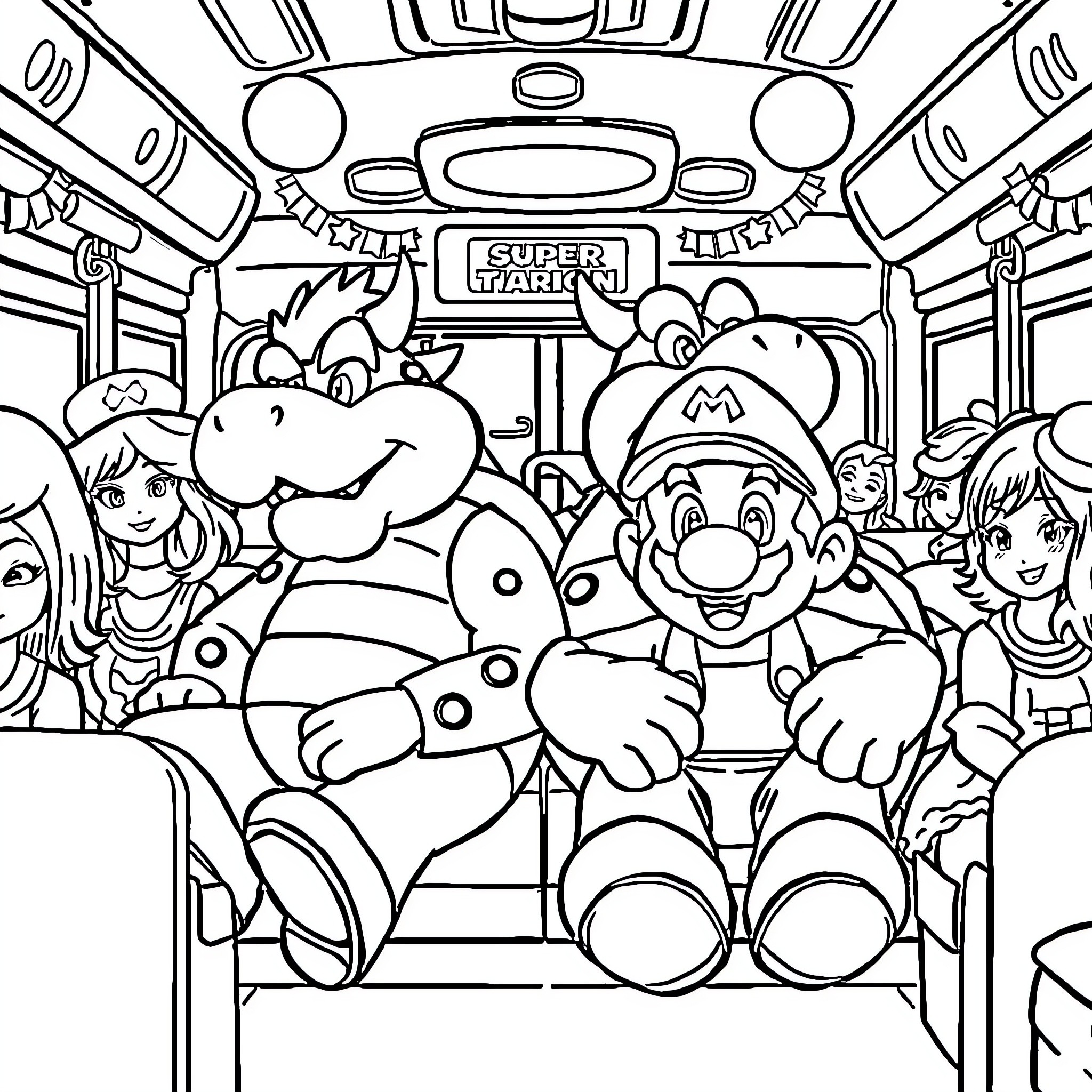 Mario and friends ride the Super Mario bus Coloring Page (free black-and-white line drawing printable PDF for all, from beginners to advanced learners, including children, teens, adults, and seniors)
