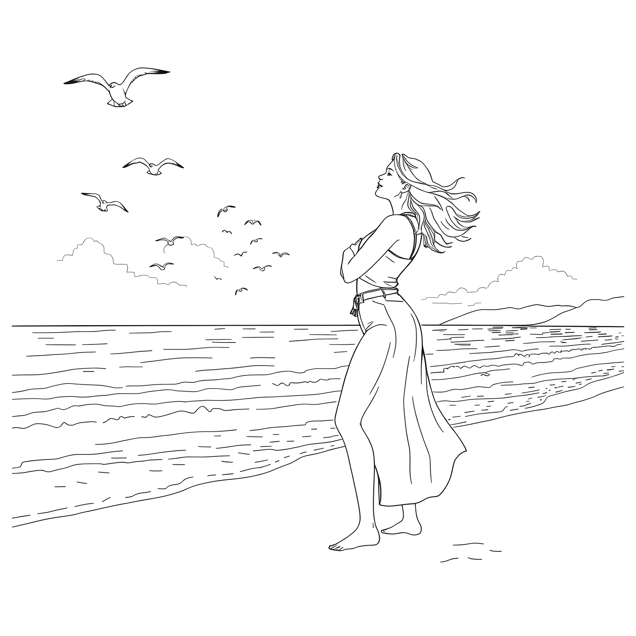 Woman standing on the beach, admiring the view Coloring Page (free black-and-white line drawing printable PDF for all, from beginners to advanced learners, including children, teens, adults, and seniors)