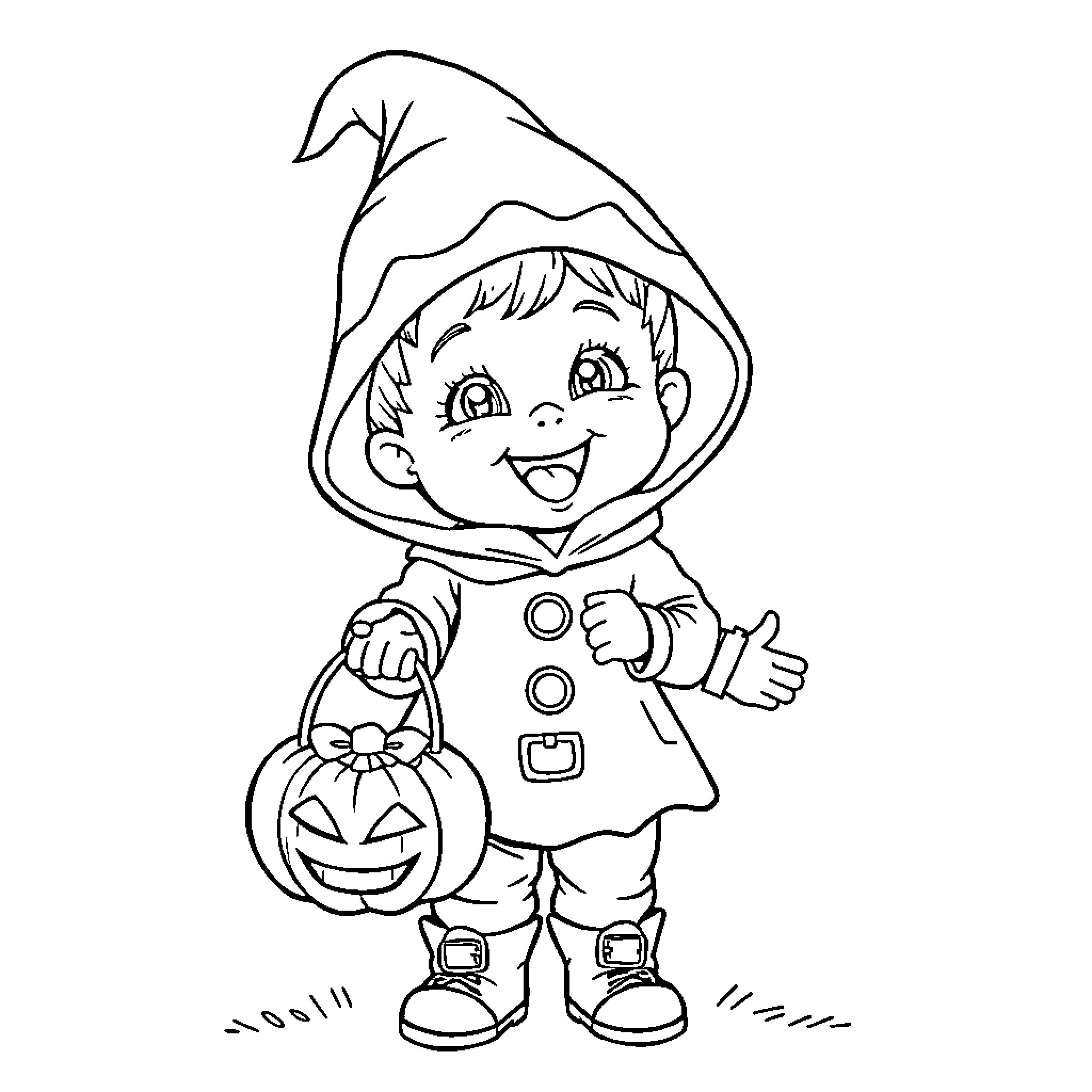 Toddler in Halloween costume with jack-o-lantern Coloring Page (free black-and-white line drawing printable PDF for all, from beginners to advanced learners, including children, teens, adults, and seniors)