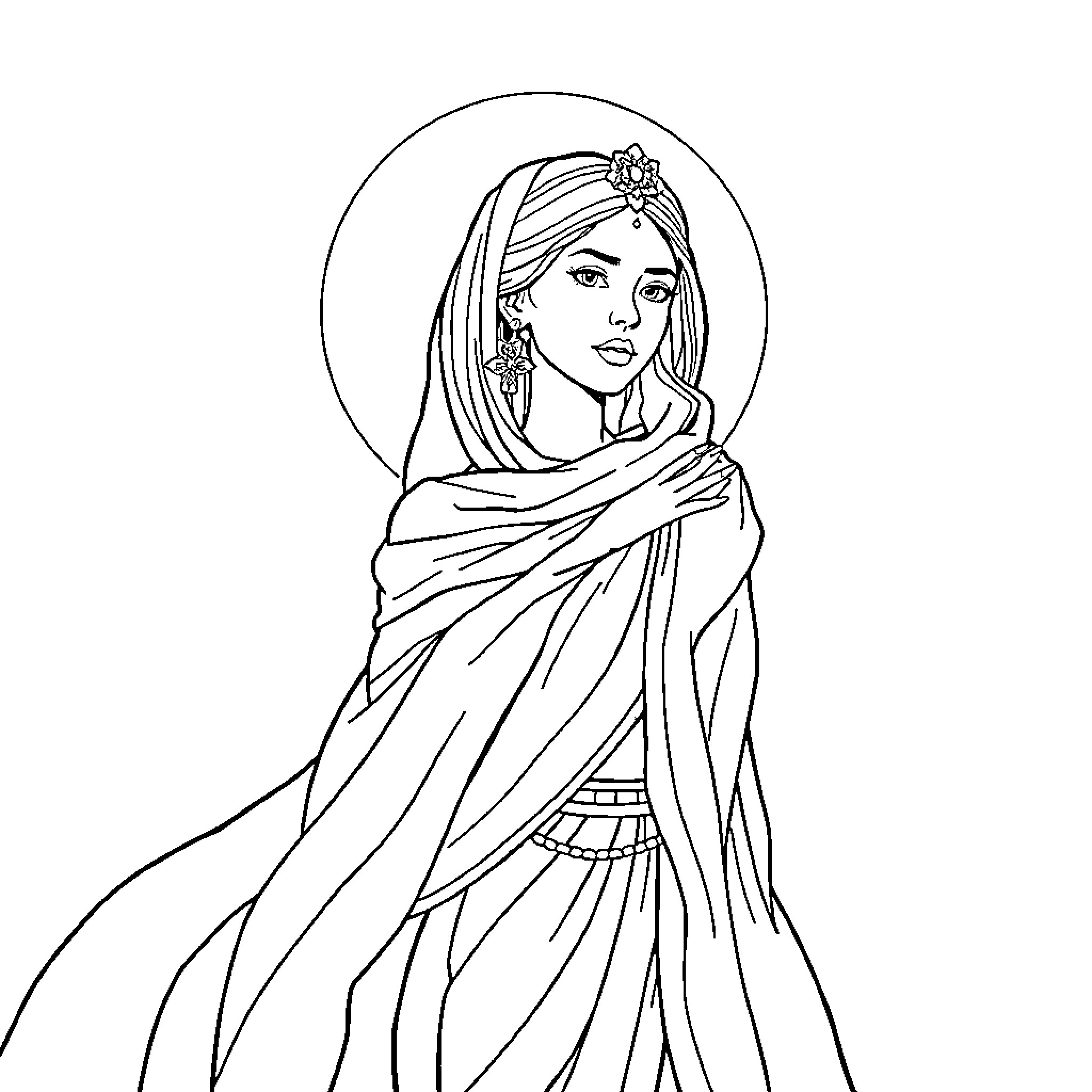 Dame Kabyle in pensive pose with flowing garment Coloring Page (free black-and-white line drawing printable PDF for all, from beginners to advanced learners, including children, teens, adults, and seniors)