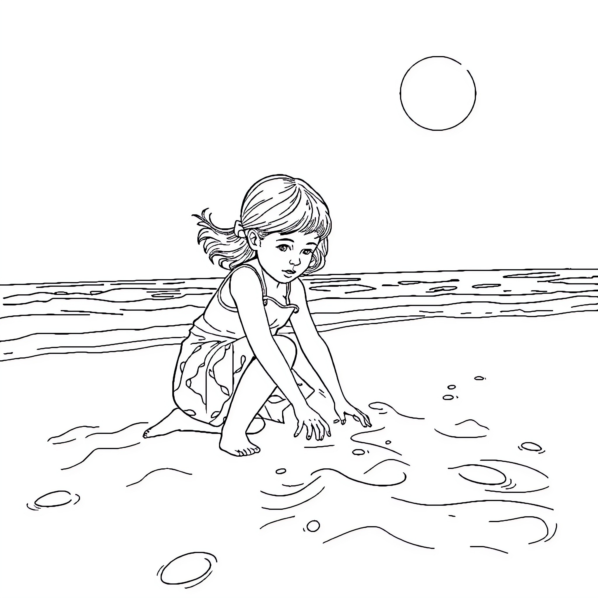 Girl playing in the sand by the beach Coloring Page (free black-and-white line drawing printable PDF for all, from beginners to advanced learners, including children, teens, adults, and seniors)