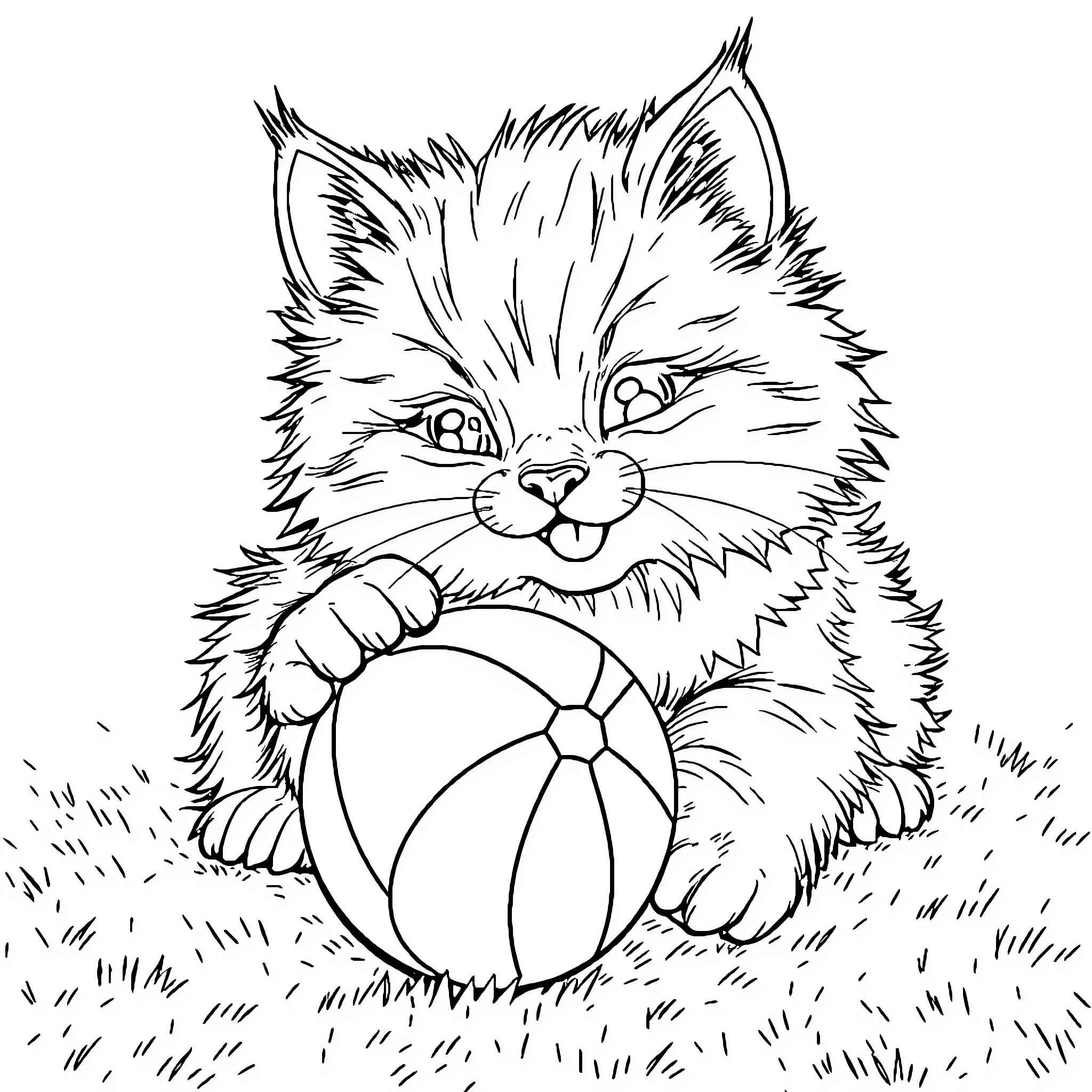 Cat playing with a ball on the grass Coloring Page (free black-and-white line drawing printable PDF for all, from beginners to advanced learners, including children, teens, adults, and seniors)