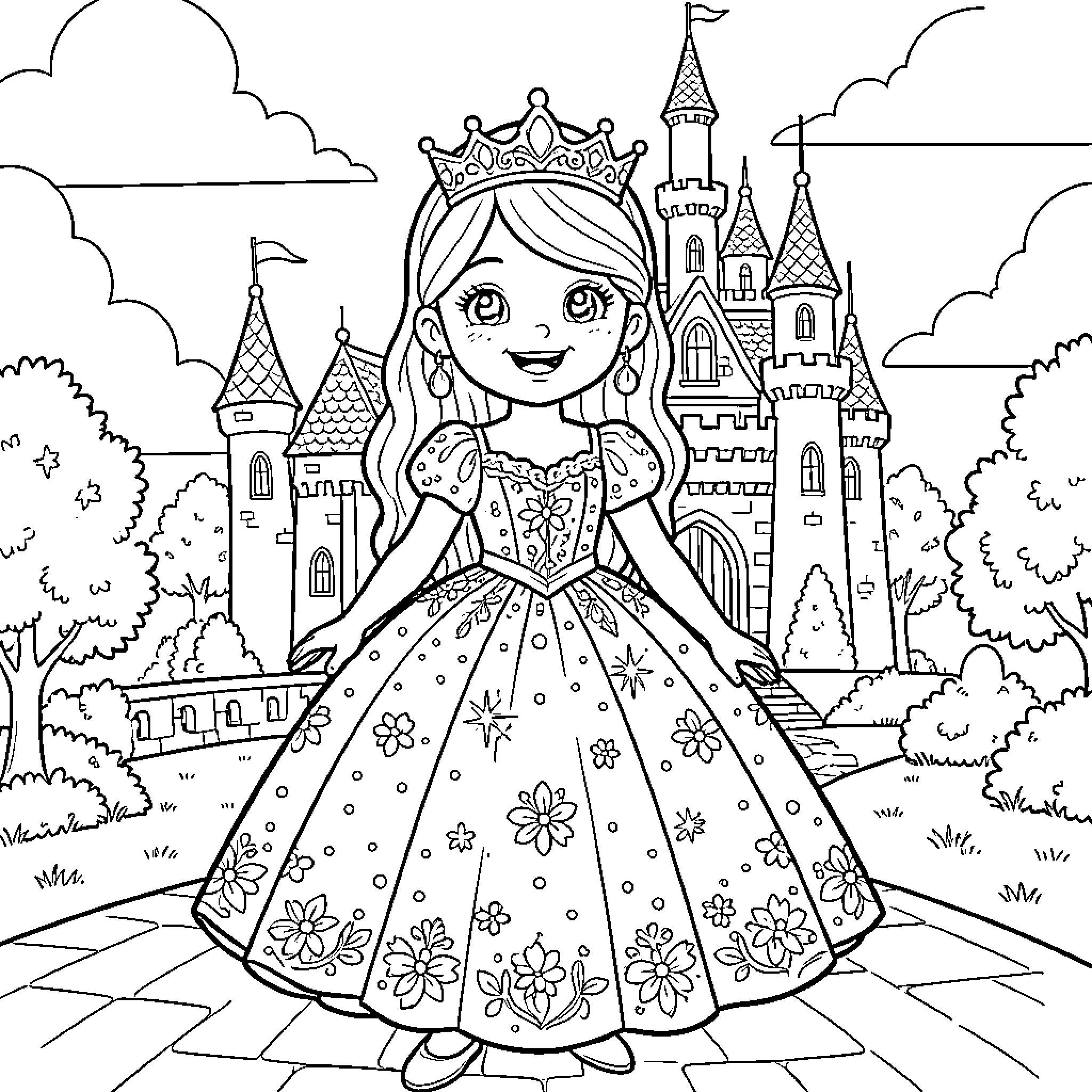Princess in a Beautiful Floral Gown at the Castle Coloring Page (free black-and-white line drawing printable PDF for all, from beginners to advanced learners, including children, teens, adults, and seniors)