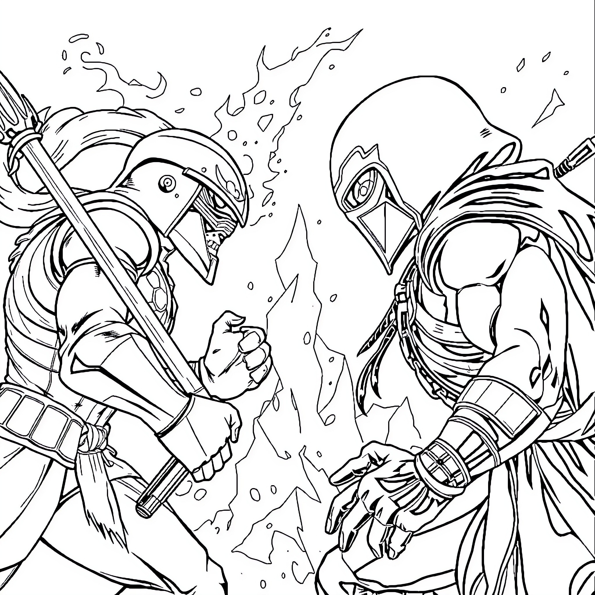 Mortal Kombat Fierce Fighters in Combat Coloring Page (free black-and-white line drawing printable PDF for all, from beginners to advanced learners, including children, teens, adults, and seniors)