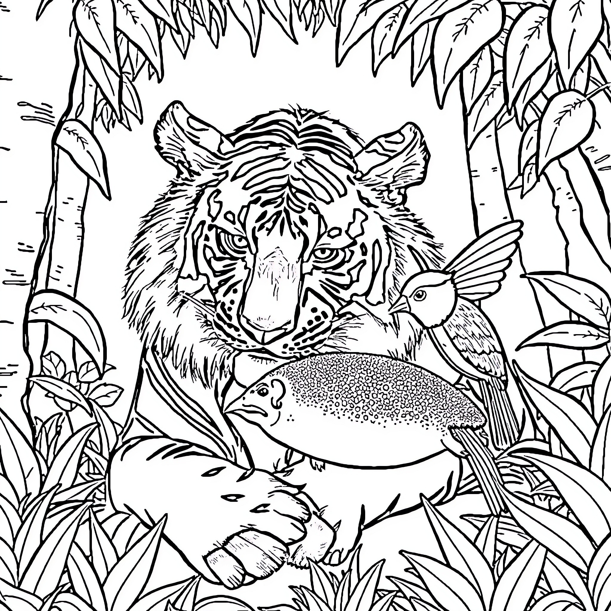 Tigre in the Jungle with Wildlife Coloring Page (free black-and-white line drawing printable PDF for all, from beginners to advanced learners, including children, teens, adults, and seniors)