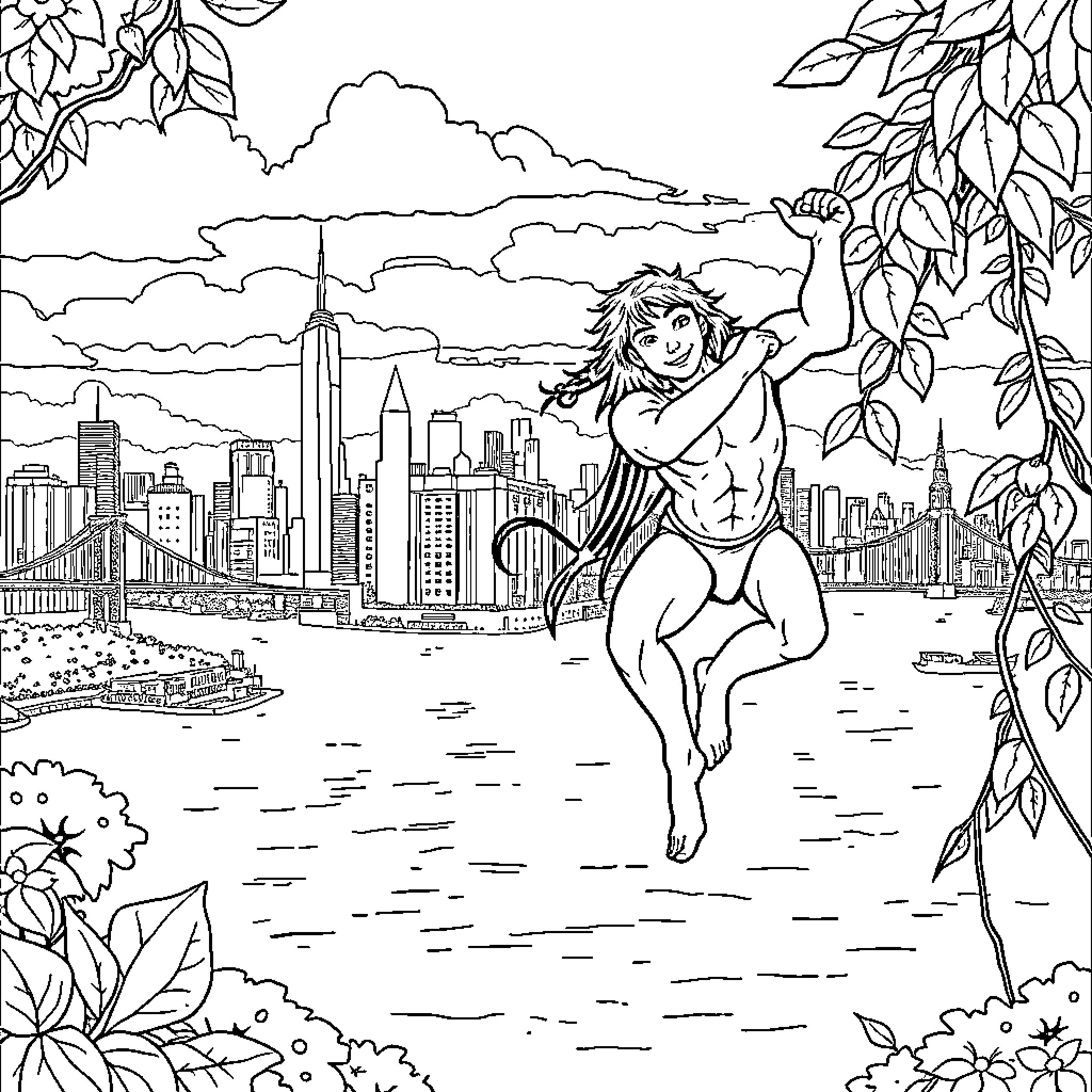 Tarzan swinging through the jungle cityscape Coloring Page (free black-and-white line drawing printable PDF for all, from beginners to advanced learners, including children, teens, adults, and seniors)