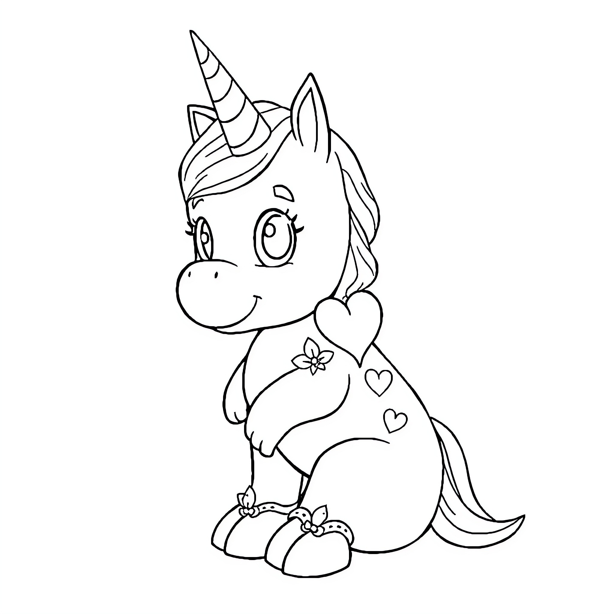 Unicorn with hearts and flowers happily playing Coloring Page (free black-and-white line drawing printable PDF for all, from beginners to advanced learners, including children, teens, adults, and seniors)