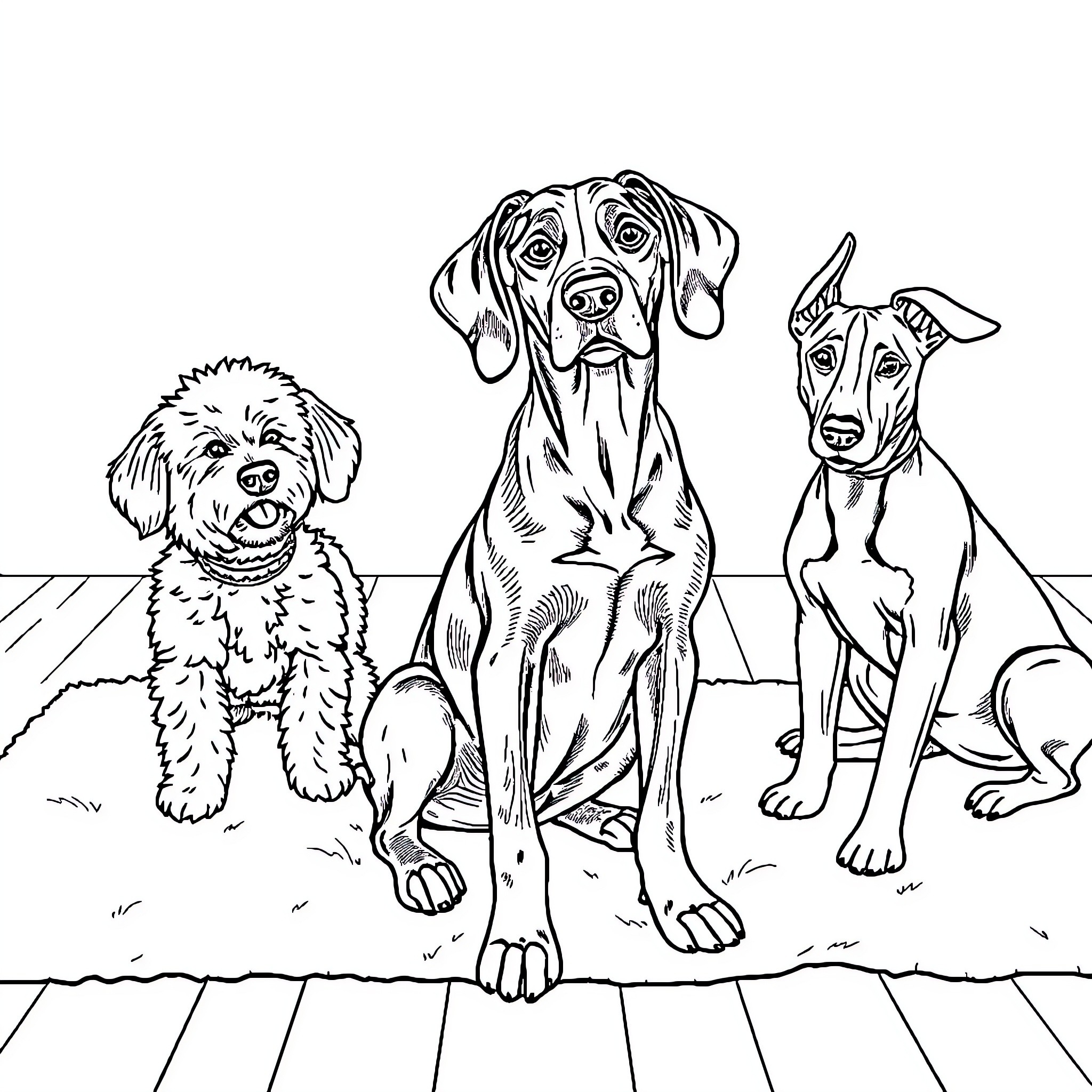 Vizsla dogs sitting together in a playful pose Coloring Page (free black-and-white line drawing printable PDF for all, from beginners to advanced learners, including children, teens, adults, and seniors)