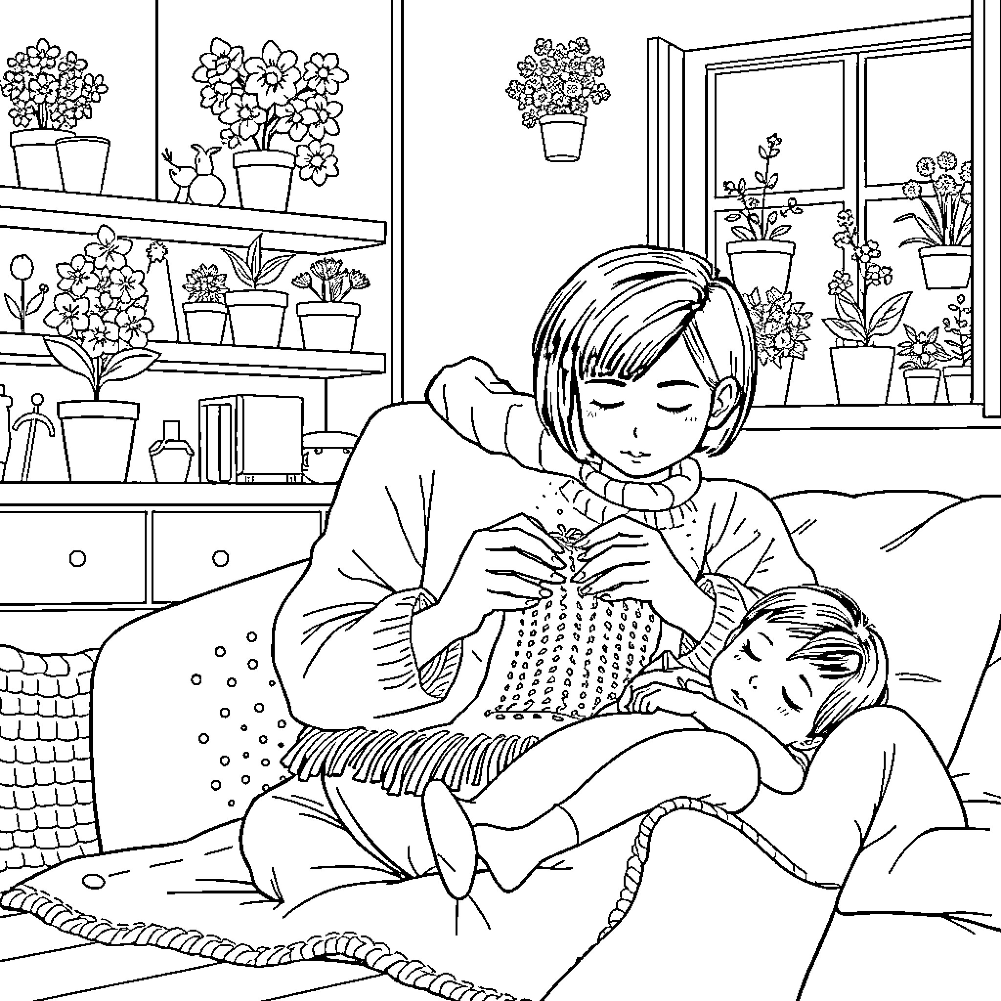 Woman caring for child in cozy home setting Coloring Page (free black-and-white line drawing printable PDF for all, from beginners to advanced learners, including children, teens, adults, and seniors)