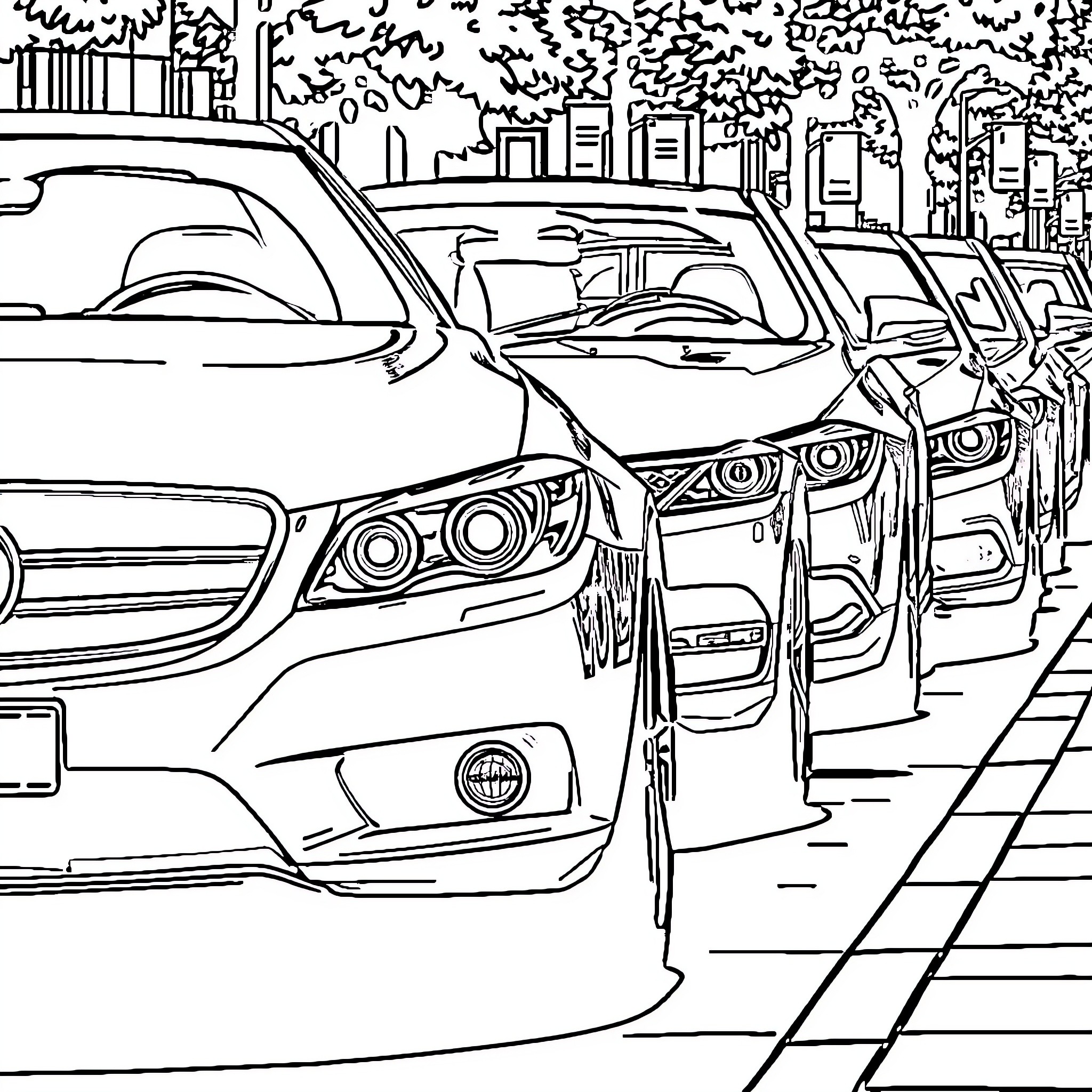 Car Lineup on City Street Coloring Page (free black-and-white line drawing printable PDF for all, from beginners to advanced learners, including children, teens, adults, and seniors)