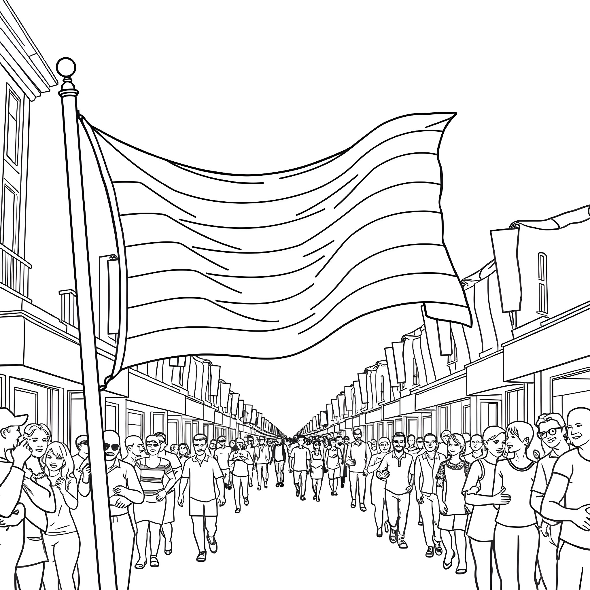 Gay Flag Parade with Crowd of People Coloring Page (free black-and-white line drawing printable PDF for all, from beginners to advanced learners, including children, teens, adults, and seniors)