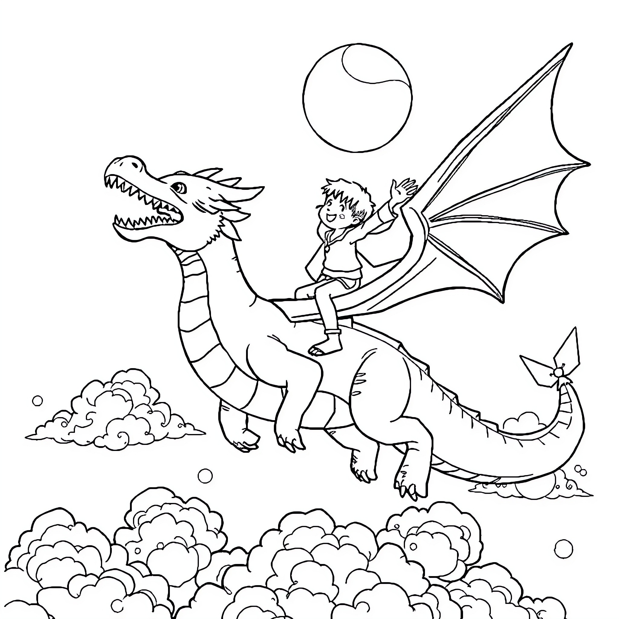 Boy riding a dragon in the sky Coloring Page (free black-and-white line drawing printable PDF for all, from beginners to advanced learners, including children, teens, adults, and seniors)